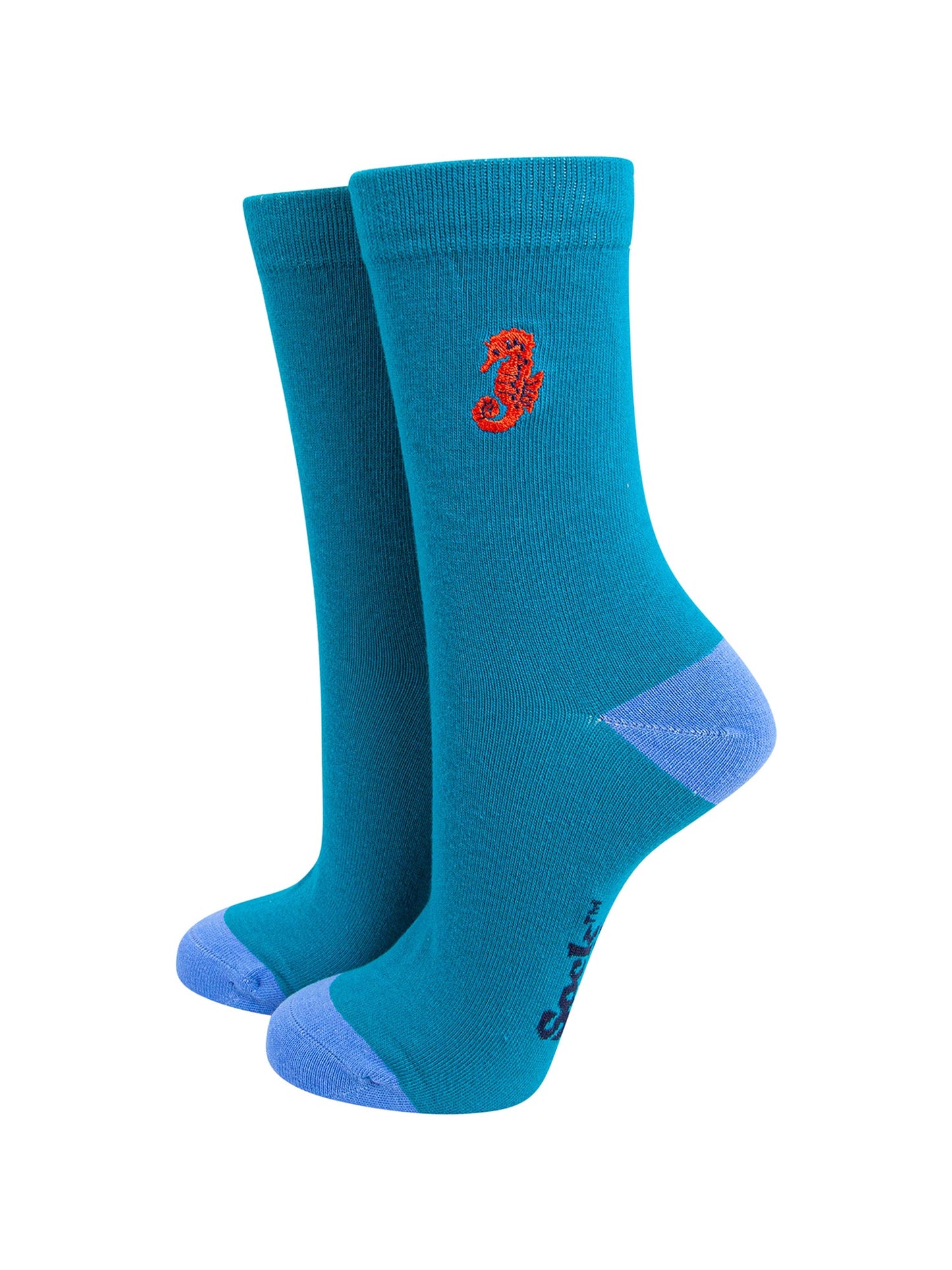 Embroidered-Seahorse-Combed-Cotton-Socks-in-Teal-Mannequin