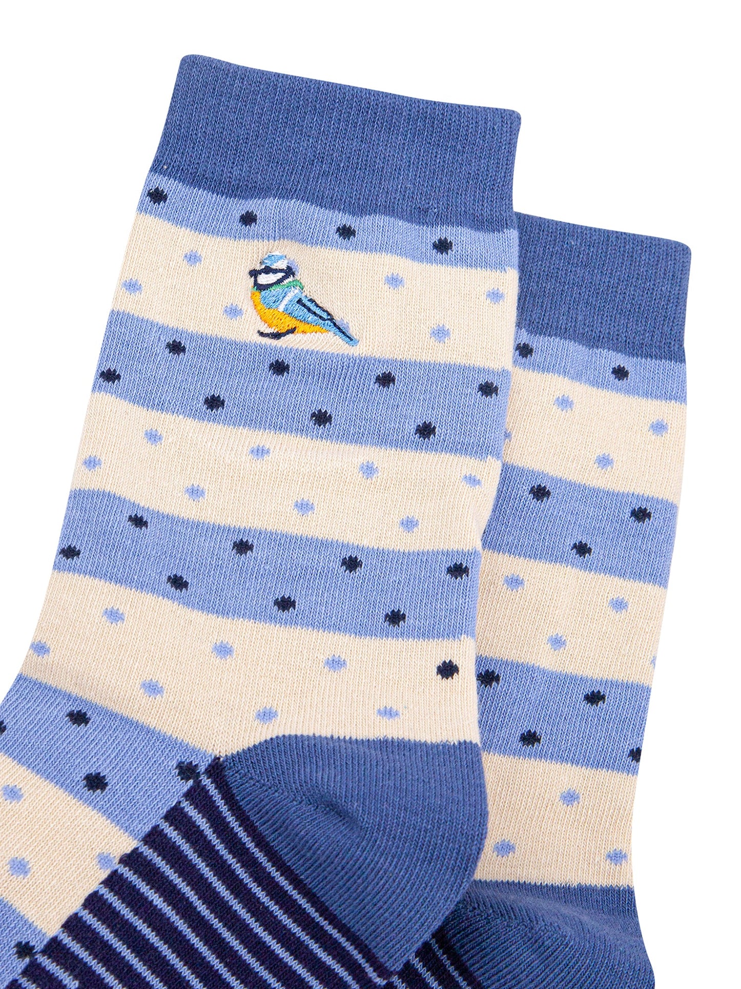 Embroidered-Blue-Tits-Combed-Cotton-Socks-in-Blue-Closeup