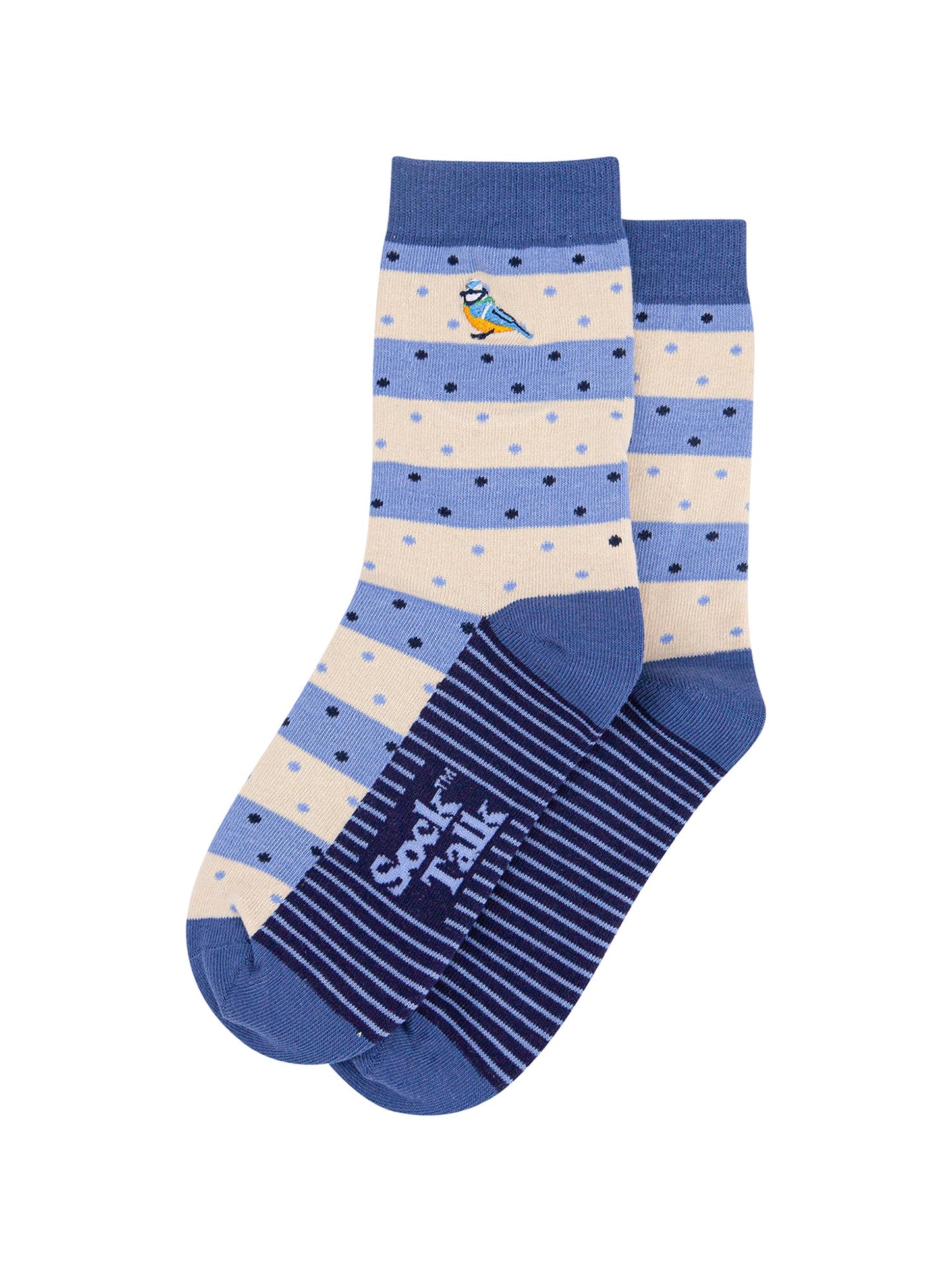 Embroidered-Blue-Tits-Combed-Cotton-Socks-in-Blue-Lying-Flat
