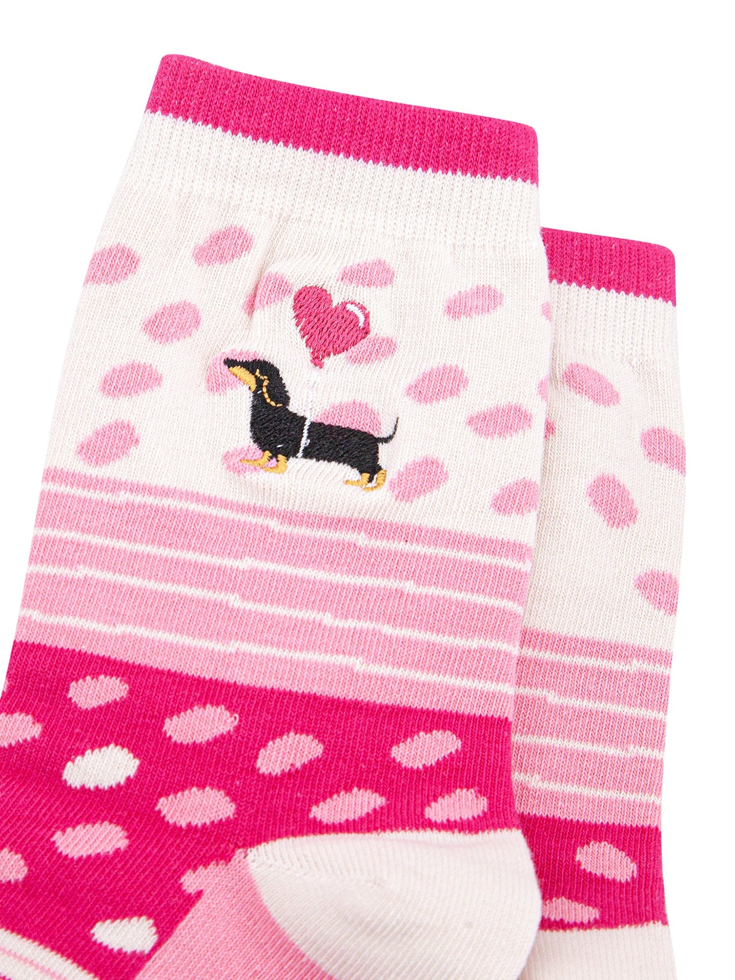 Embroidered-Sausage-Dog-Heart-Balloon-Combed-Cotton-Socks-in-Pink-Closeup