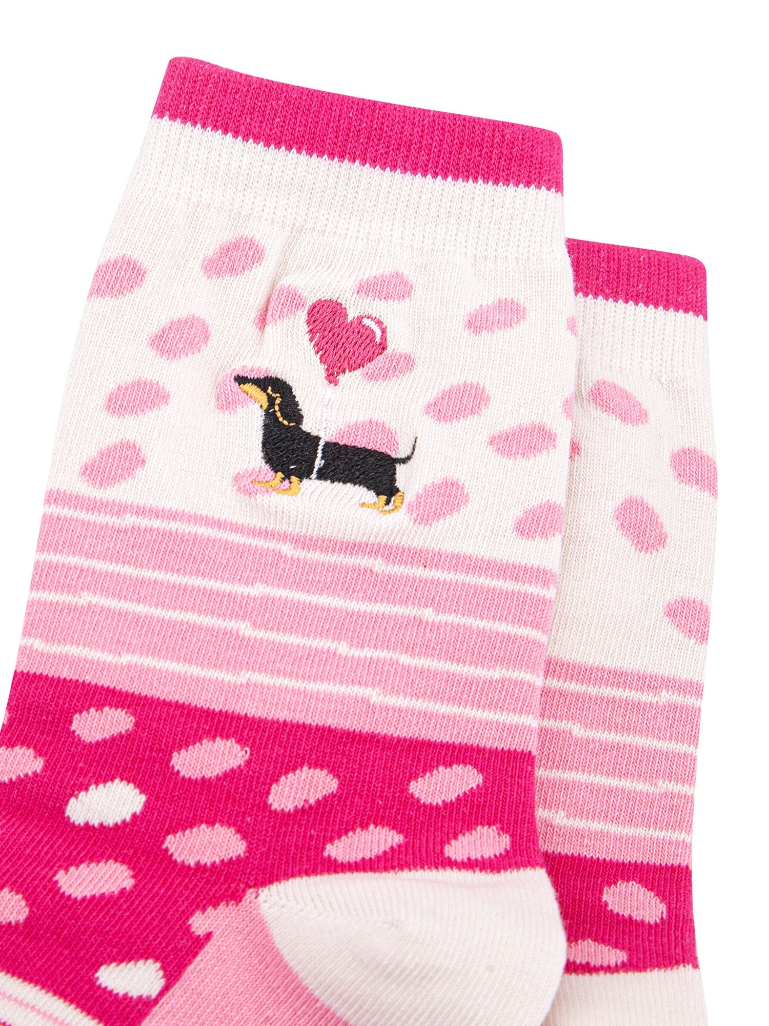 Embroidered-Sausage-Dog-Heart-Balloon-Combed-Cotton-Socks-in-Pink-Closeup