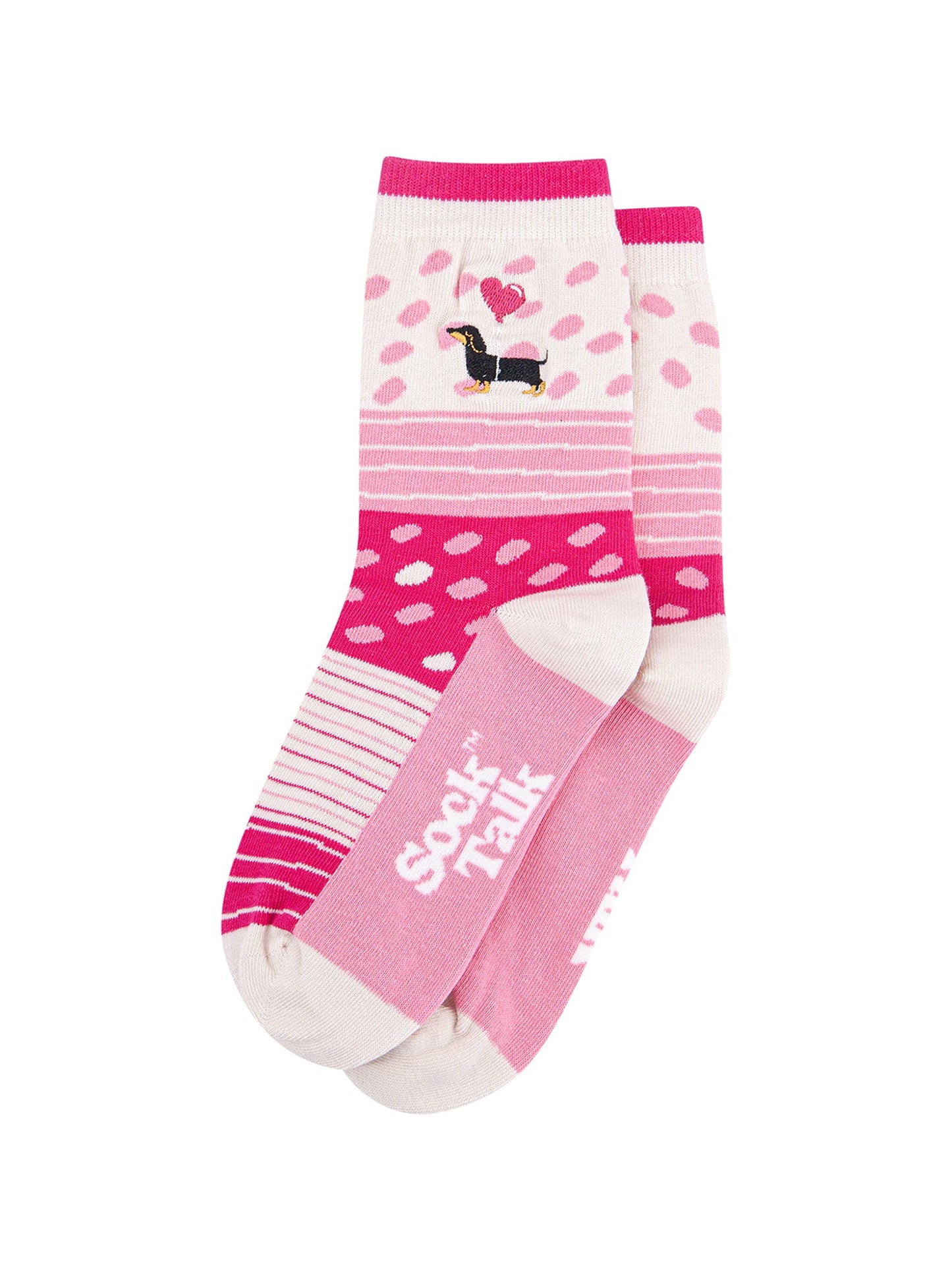 Embroidered-Sausage-Dog-Heart-Balloon-Combed-Cotton-Socks-in-Pink-Lying-Flat