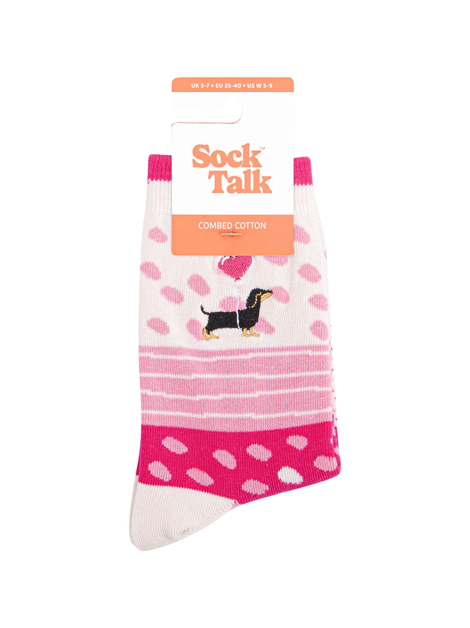 Embroidered-Sausage-Dog-Heart-Balloon-Combed-Cotton-Socks-in-Pink-In-Packaging