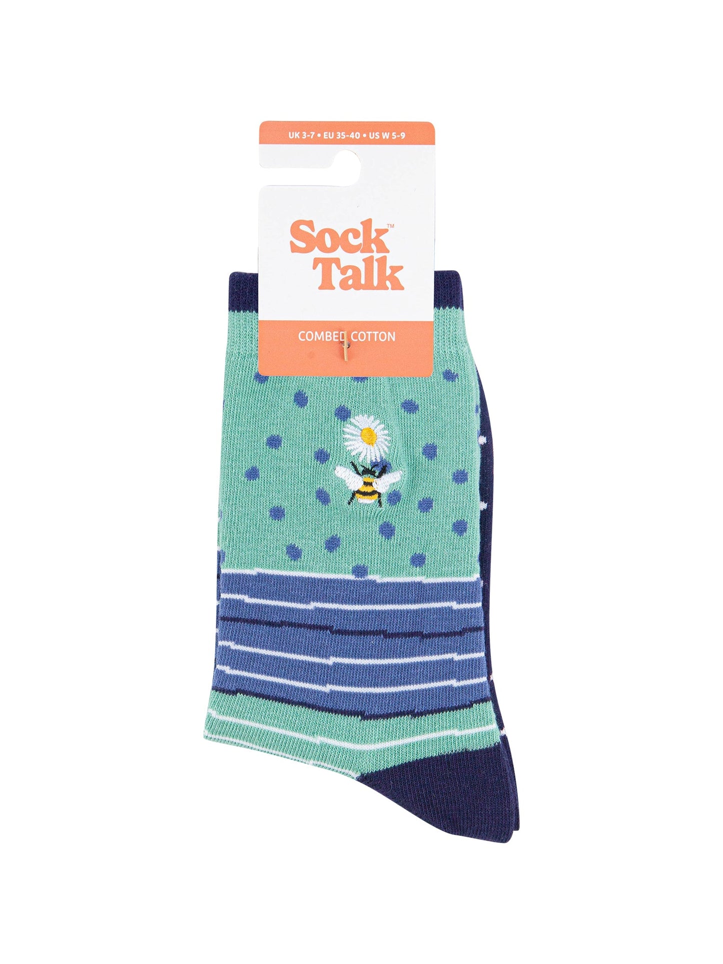Embroidered-Bee-Daisy-Combed-Cotton-Socks-in-Green-in-packaging
