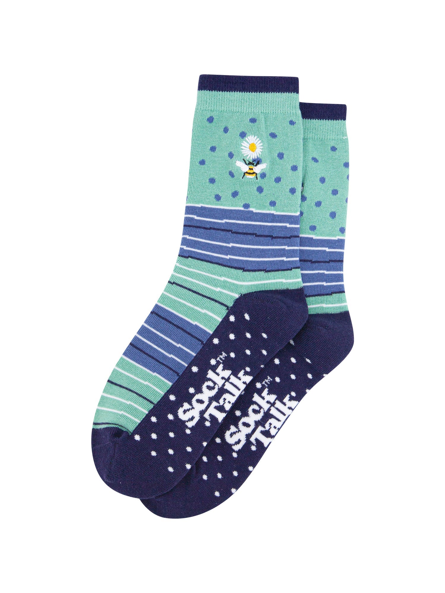 Embroidered-Bee-Daisy-Combed-Cotton-Socks-in-Green-lying-flat