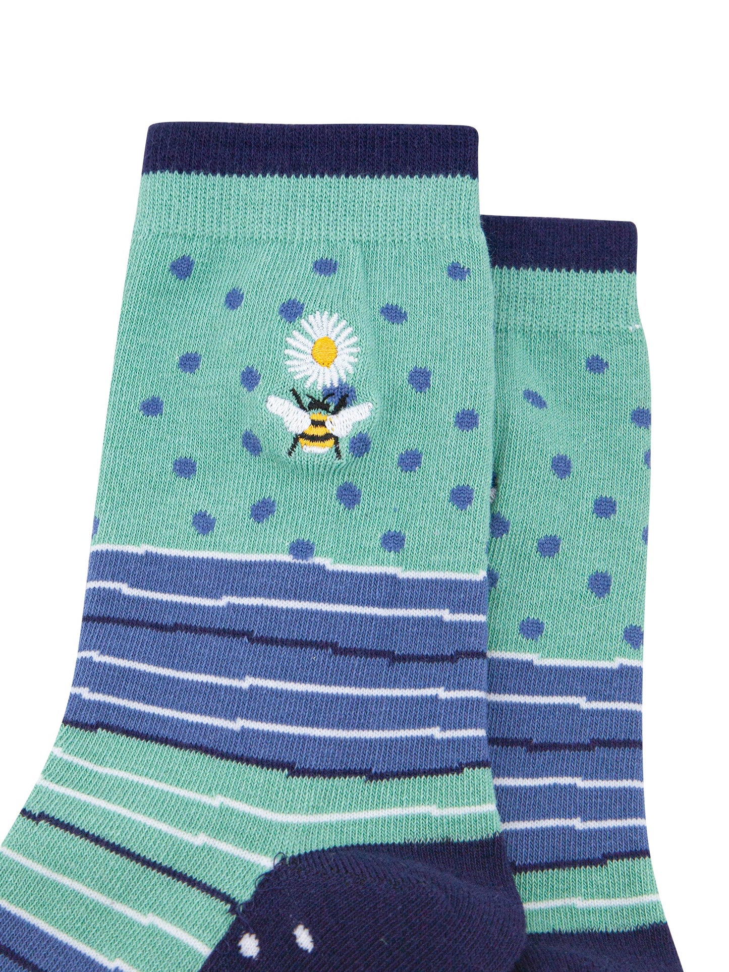 Embroidered-Bee-Daisy-Combed-Cotton-Socks-in-Green-closeup