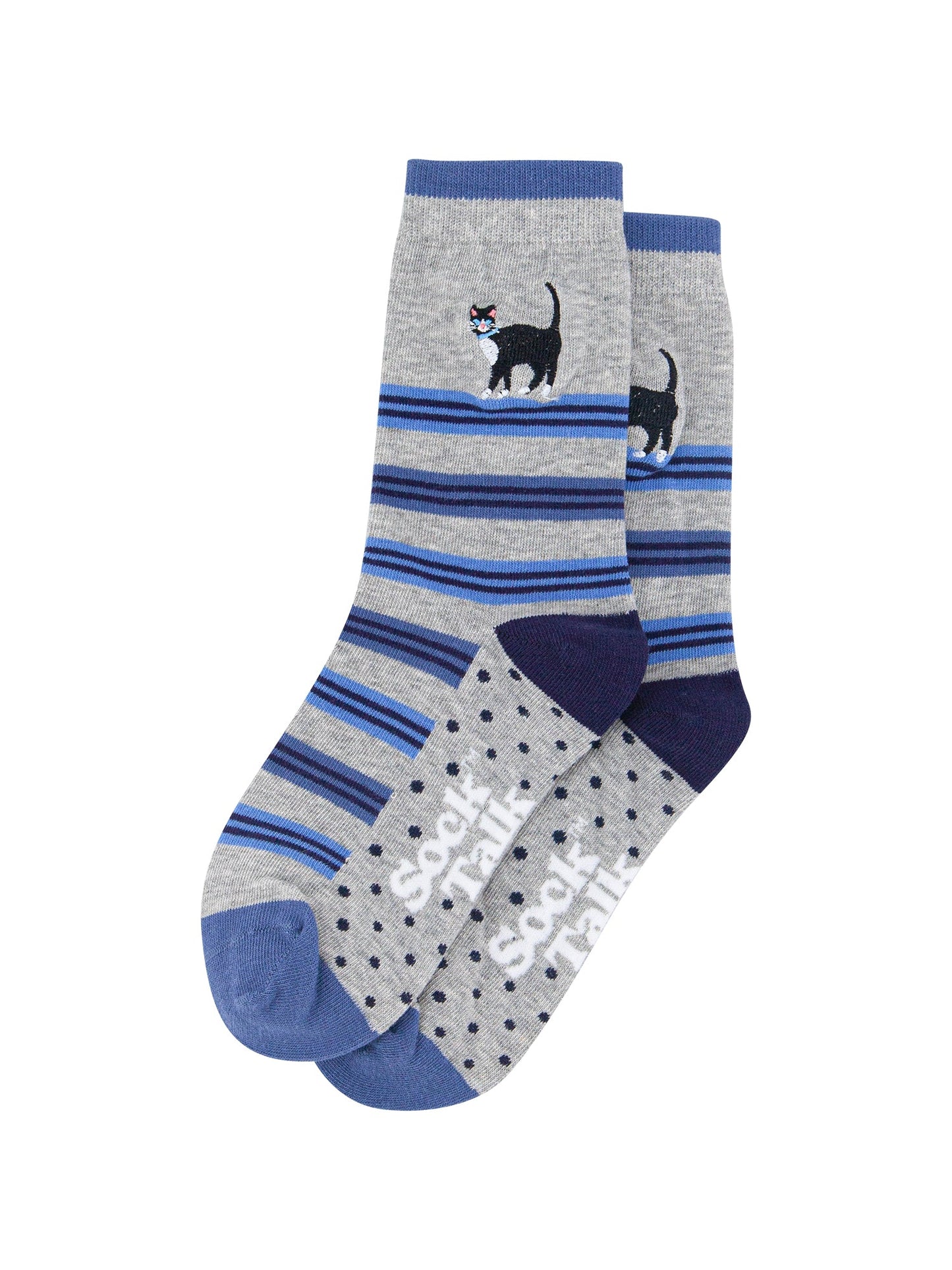 Embroidered-Cat-Combed-Cotton-Socks-in-Grey-Lying-Flat