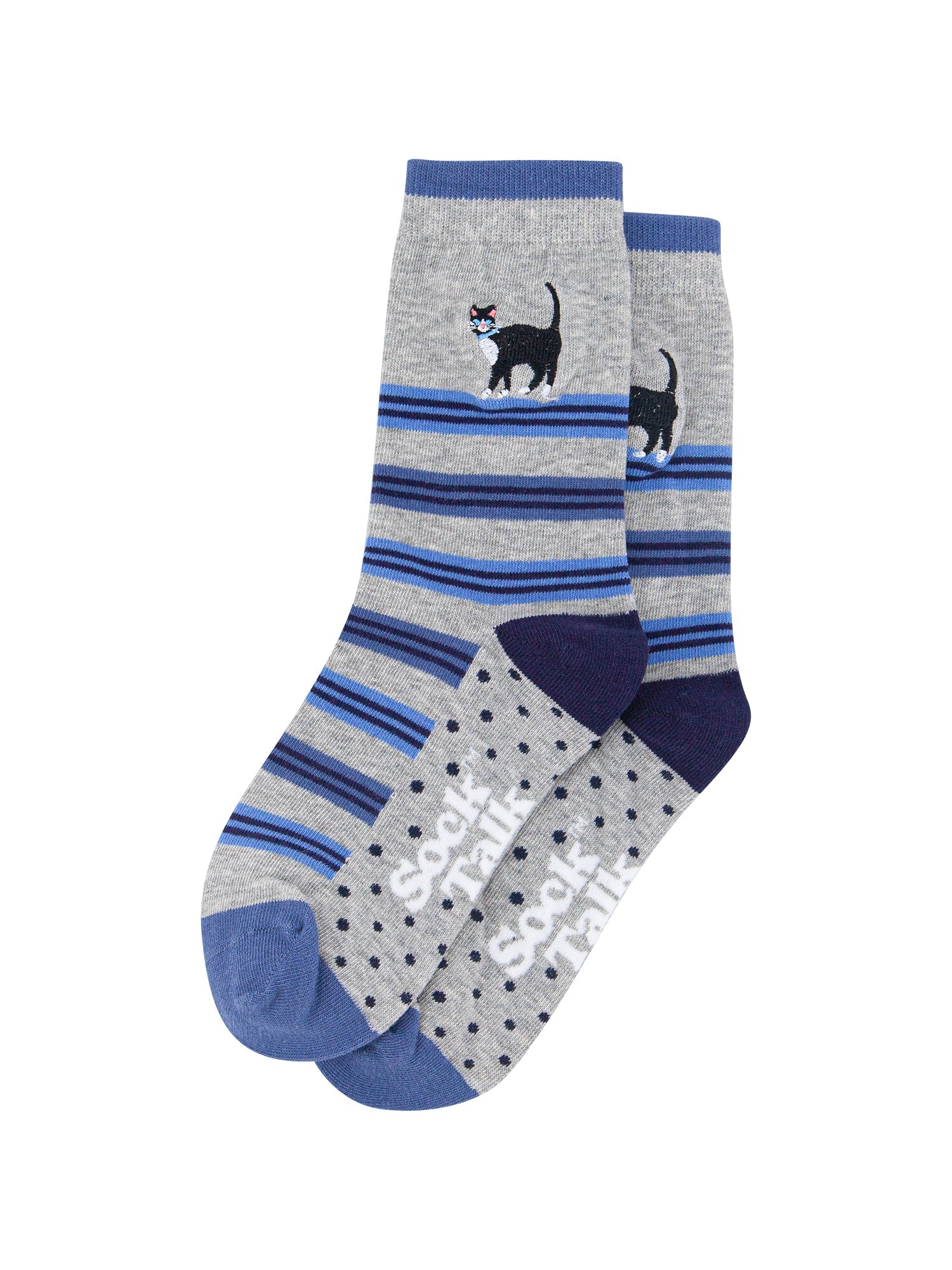 Embroidered-Cat-Combed-Cotton-Socks-in-Grey-Lying-Flat