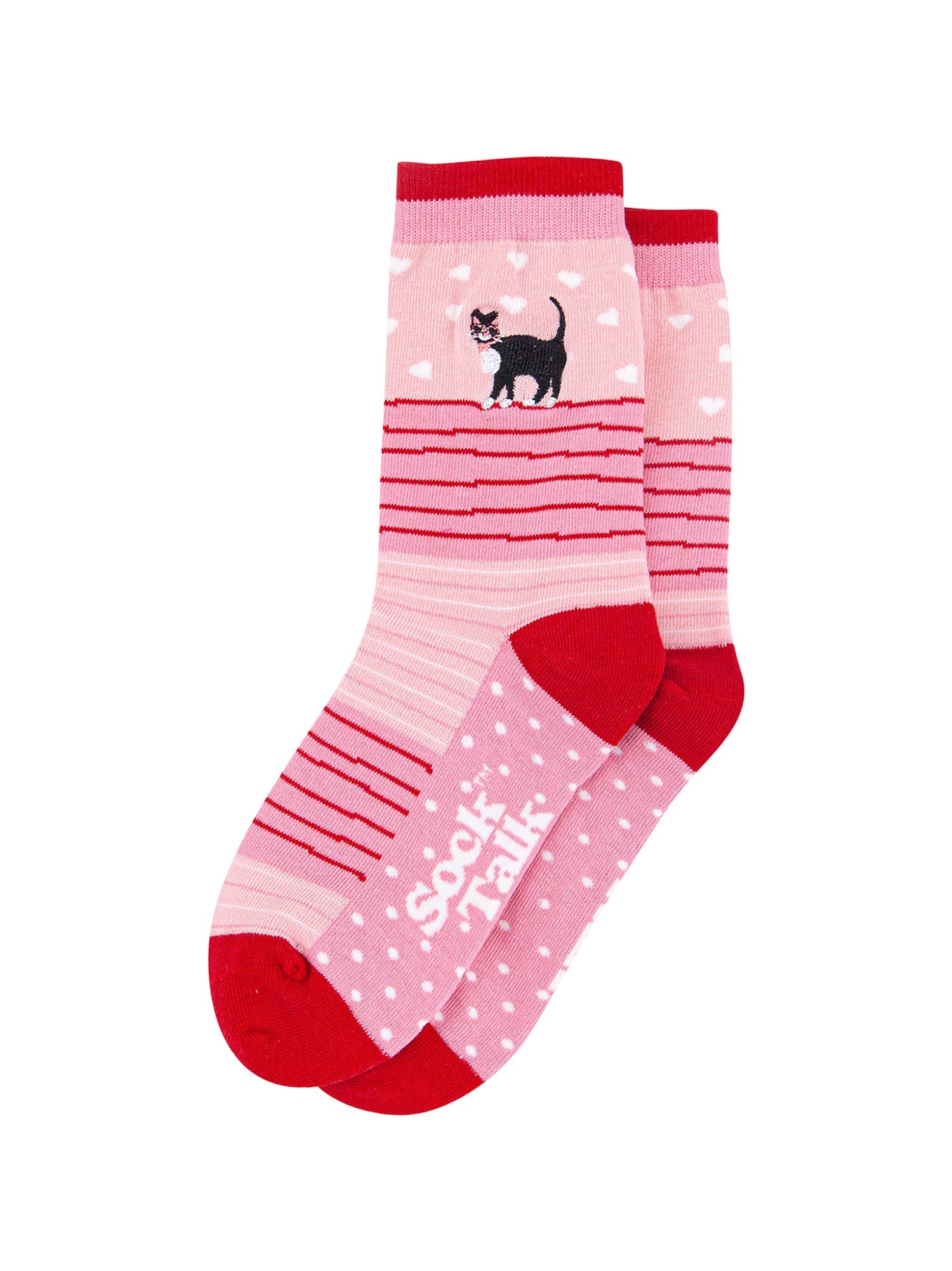 Embroidered-Cat-Combed-Cotton-Socks-in-Pink-lying-flat