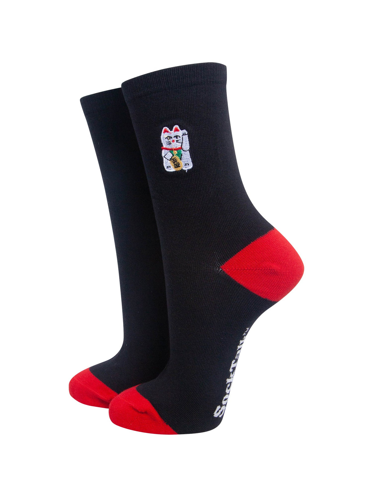 Lucky-Cat-Combed-Cotton-Embroidered-Socks-in-Black/Red-On-Mannequin