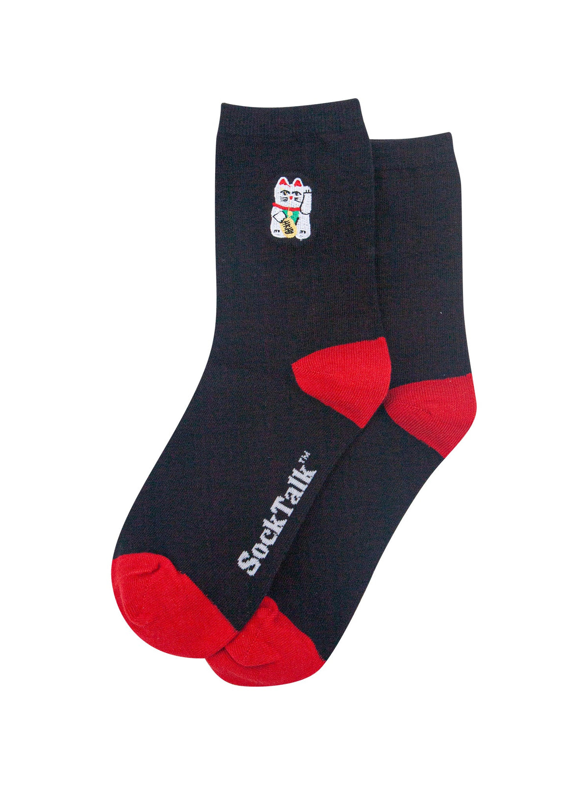 Lucky-Cat-Combed-Cotton-Embroidered-Socks-in-Black/Red-Laid-Flat