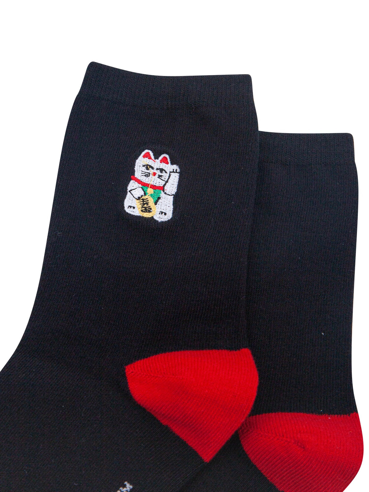 Lucky-Cat-Combed-Cotton-Embroidered-Socks-in-Black/Red-Close-Up
