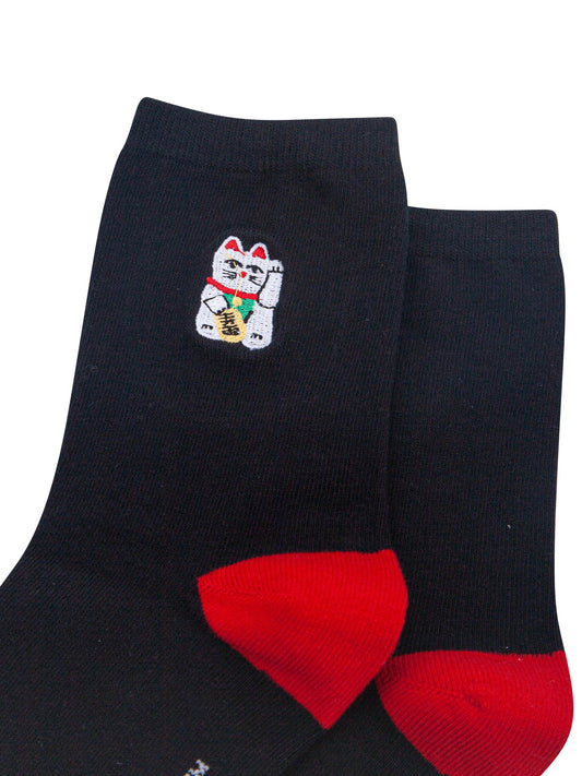 Lucky-Cat-Combed-Cotton-Embroidered-Socks-in-Black/Red-Close-Up