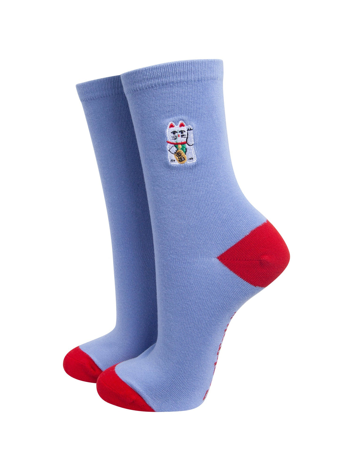 Lucky-Cat-Combed-Cotton-Embroidered-Socks-in-Blue/Red-On-Mannequin