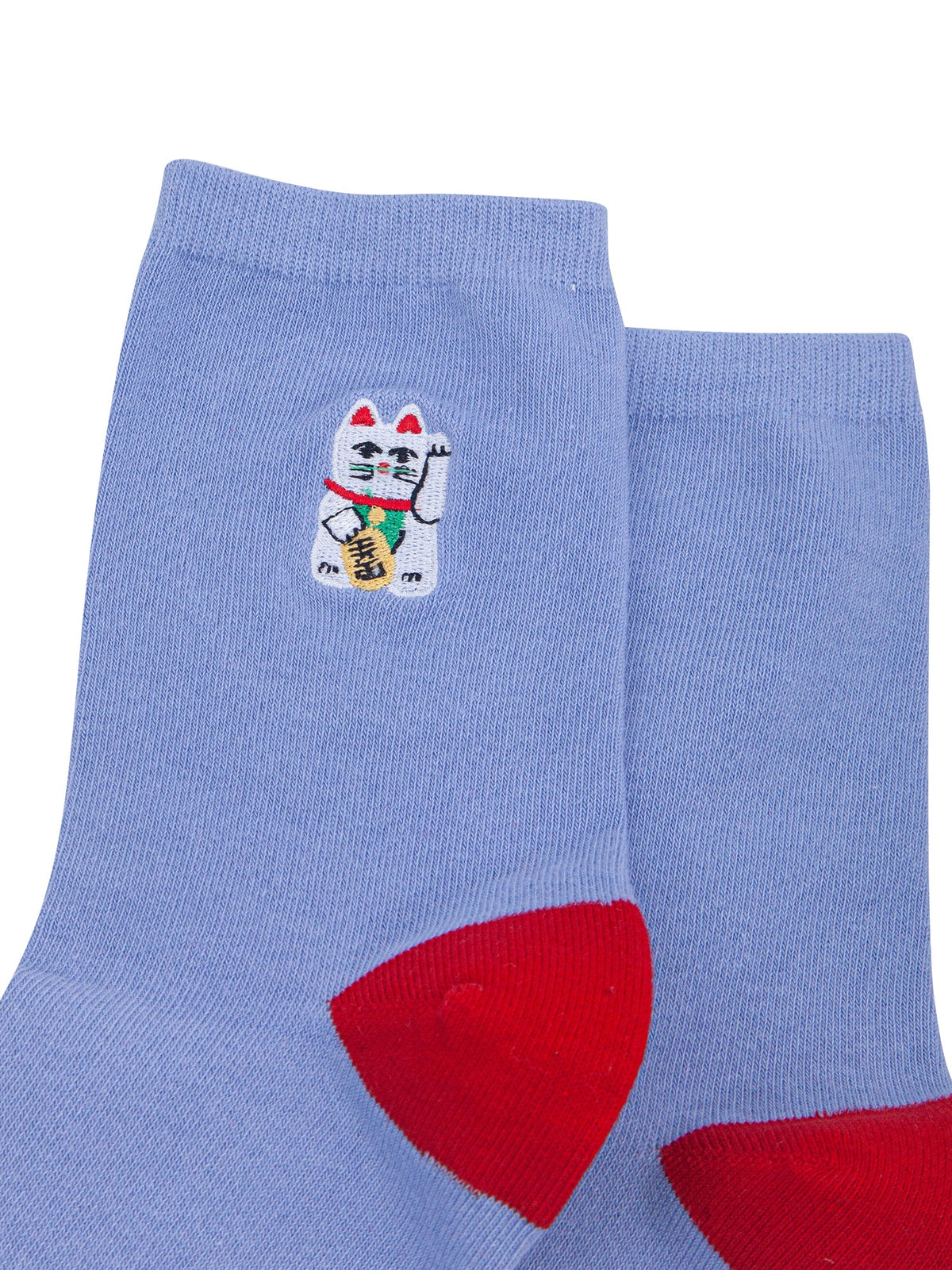 Lucky-Cat-Combed-Cotton-Embroidered-Socks-in-Blue/Red-Close-Up