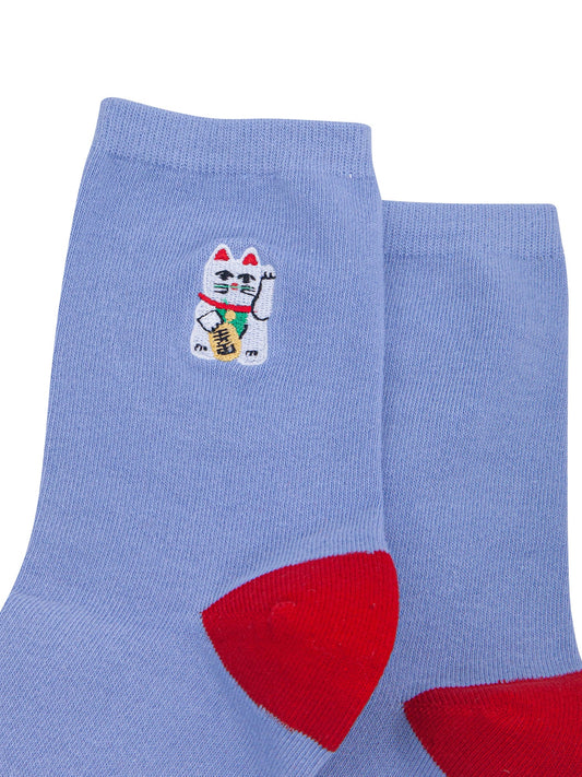 Lucky-Cat-Combed-Cotton-Embroidered-Socks-in-Blue/Red-Close-Up