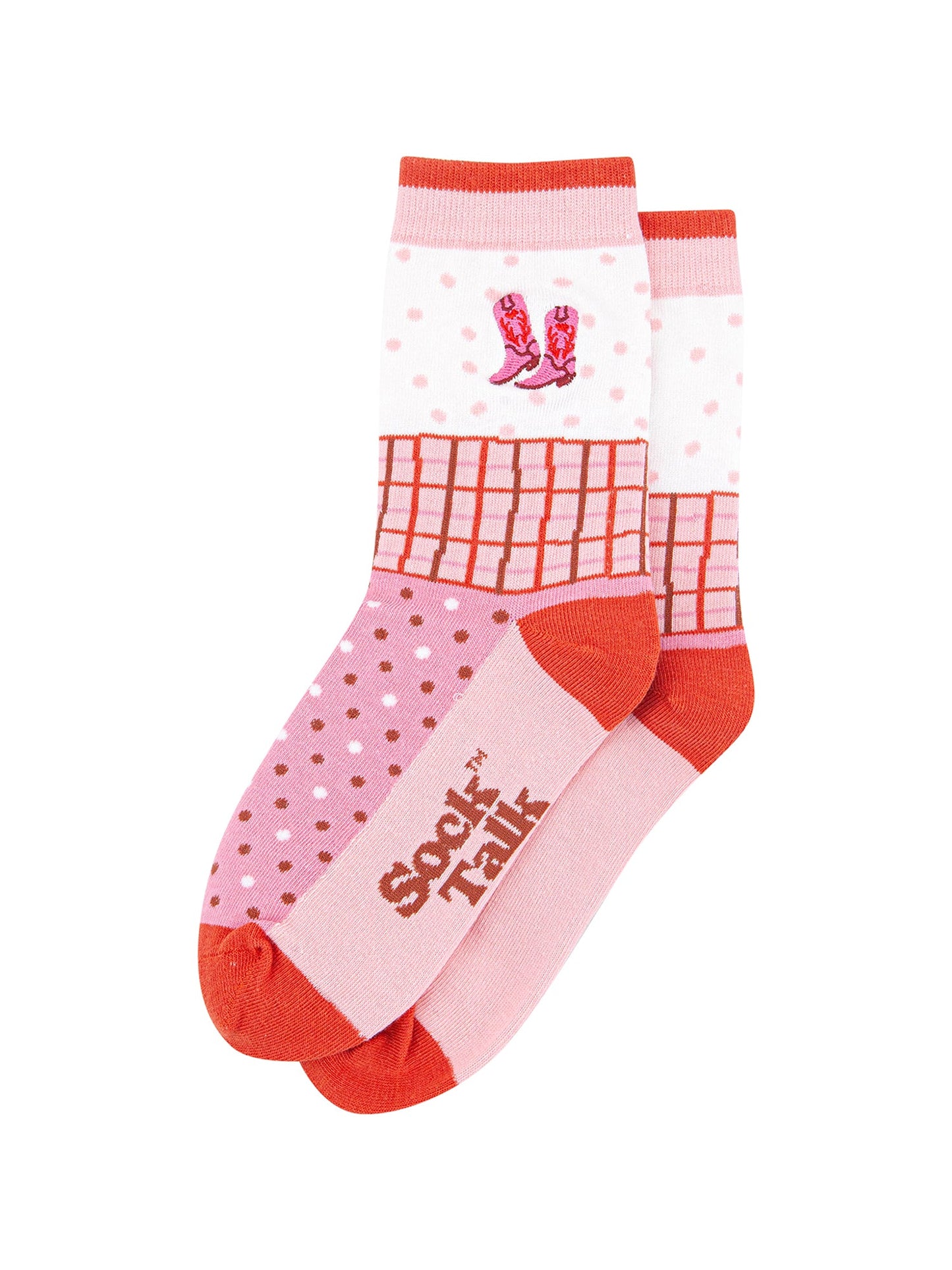 Embroidered Cowboy Boots Combed Cotton Socks in Pink