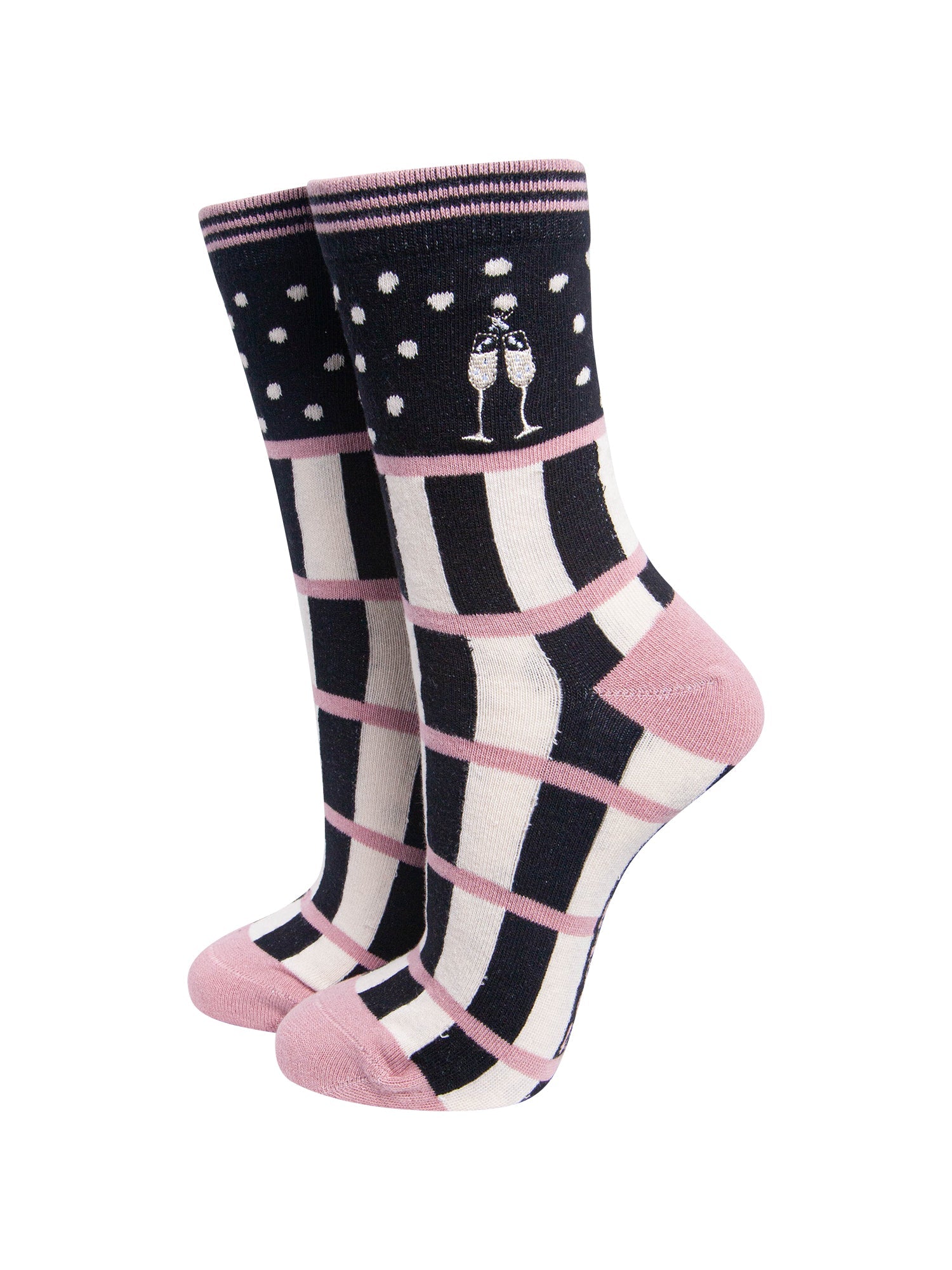 Champagne-Glasses-Combed-Cotton-Pattern-Embroidered-Socks-in-Black-On-Mannequin