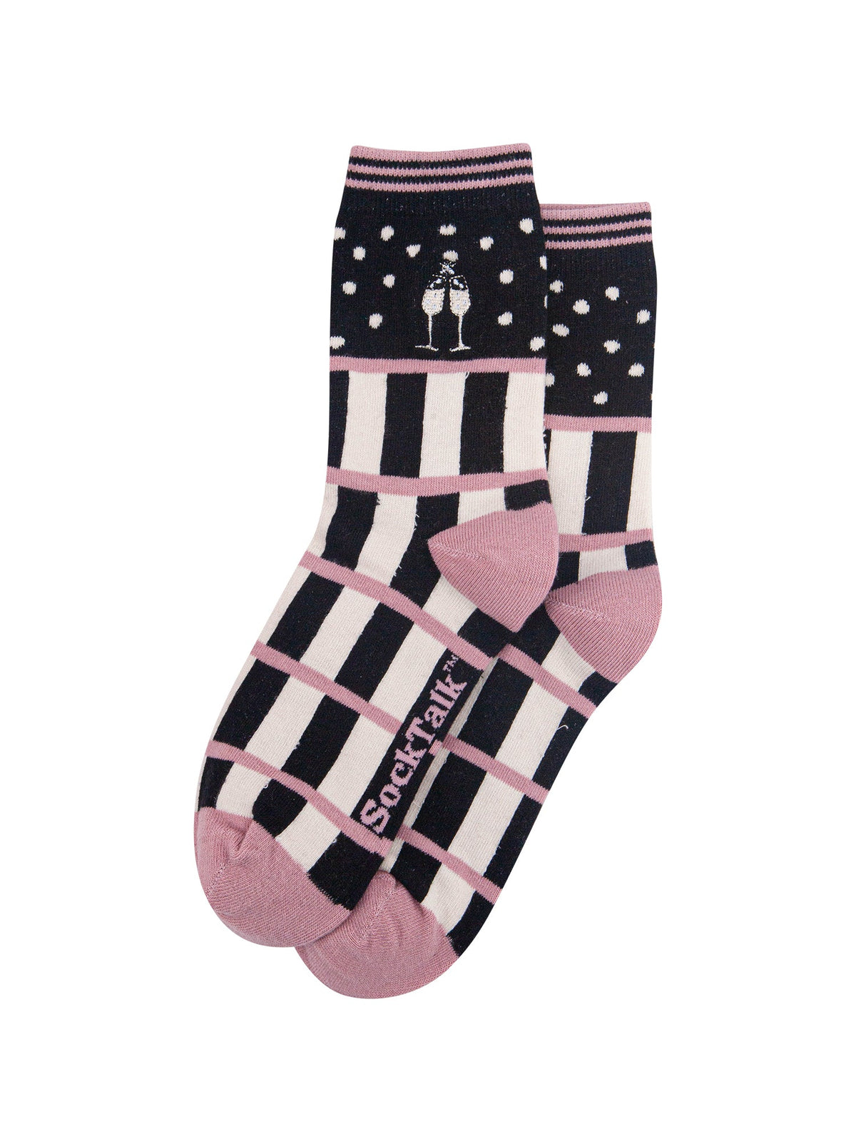 Champagne-Glasses-Combed-Cotton-Pattern-Embroidered-Socks-in-Black-Laid-Flat