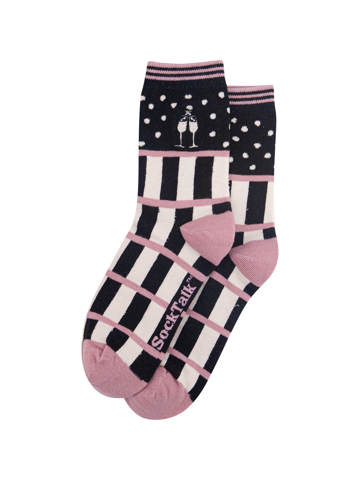 Champagne-Glasses-Combed-Cotton-Pattern-Embroidered-Socks-in-Black-Laid-Flat
