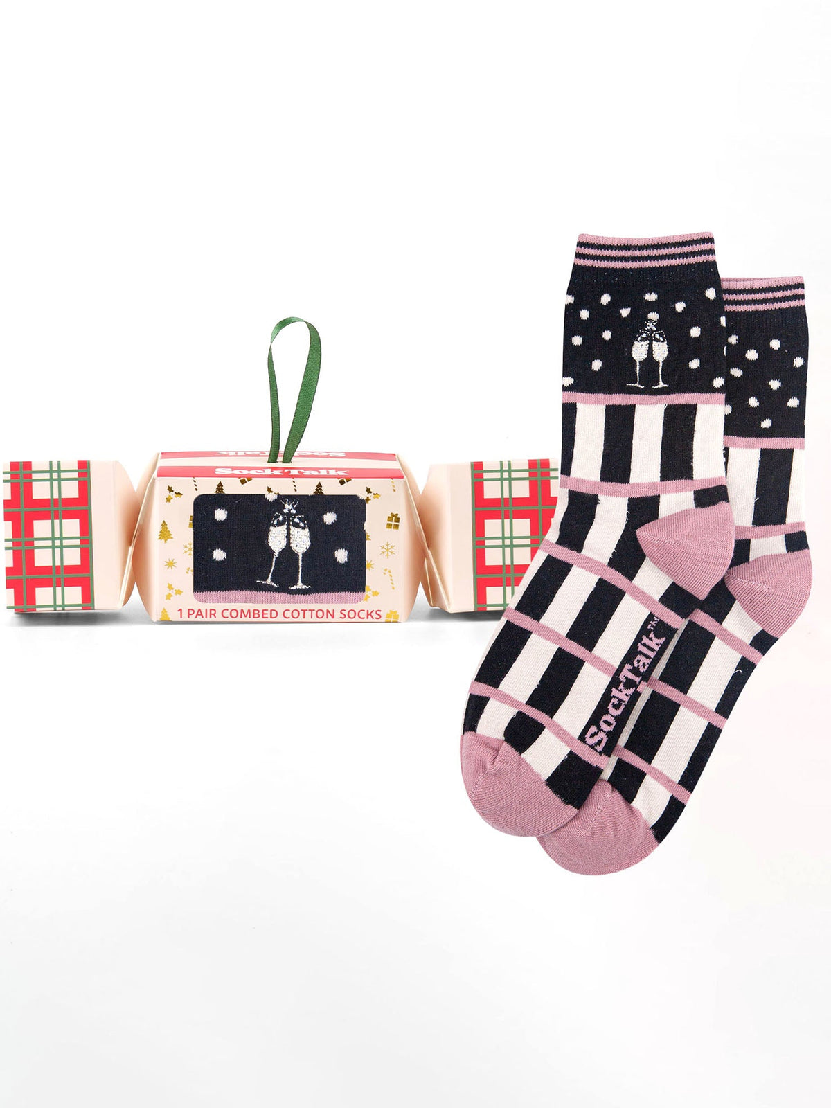 Champagne-Glasses-Embroidered-Combed-Cotton-Crew-Socks-Christmas-Cracker-Gift-Box-in-Black/Pink