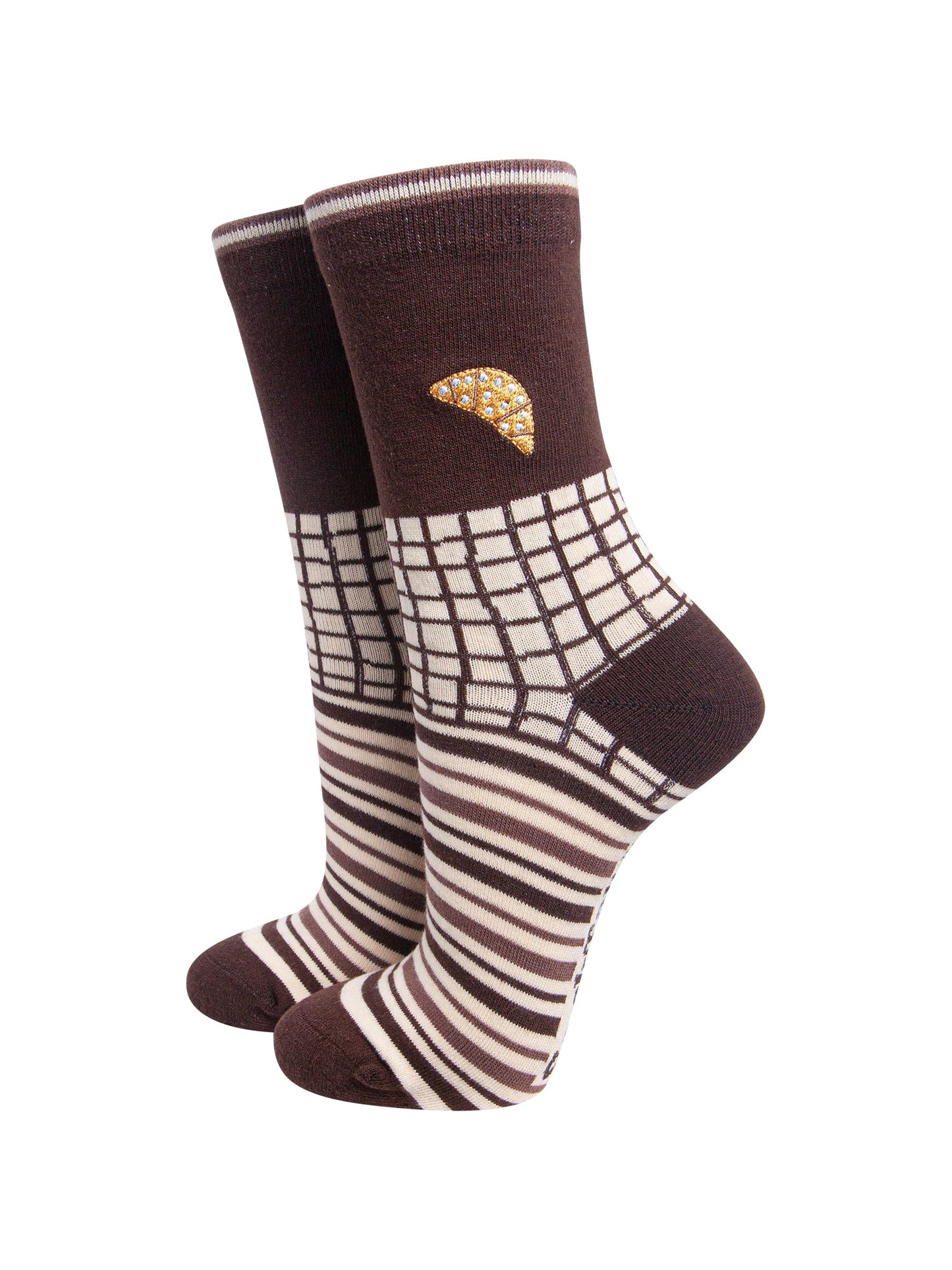 Croissant-Combed-Cotton-Pattern-Embroidered-Socks-in-Brown/Cream-On-Mannequin