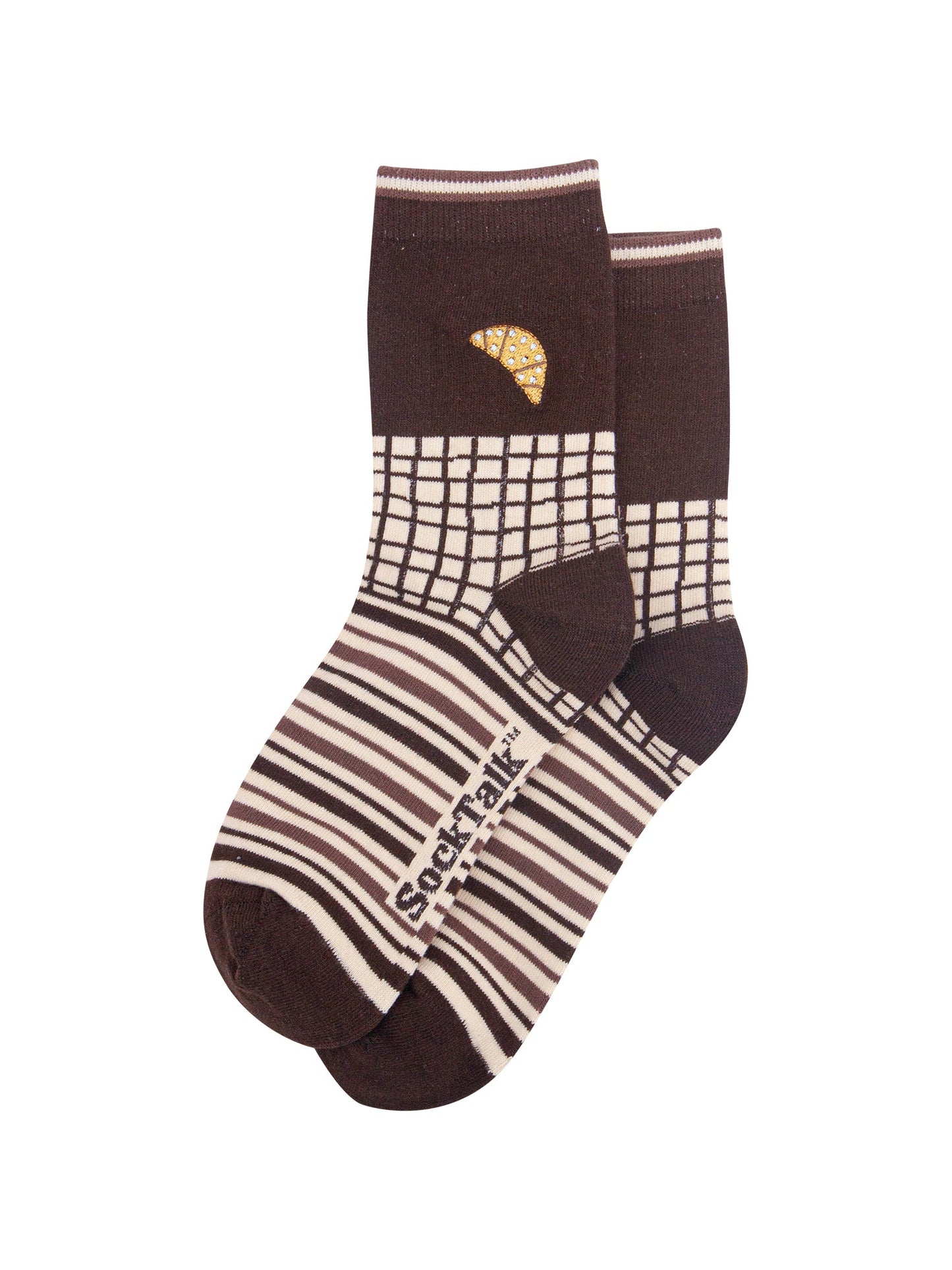 Croissant-Combed-Cotton-Pattern-Embroidered-Socks-in-Brown/Cream-Laid-Flat