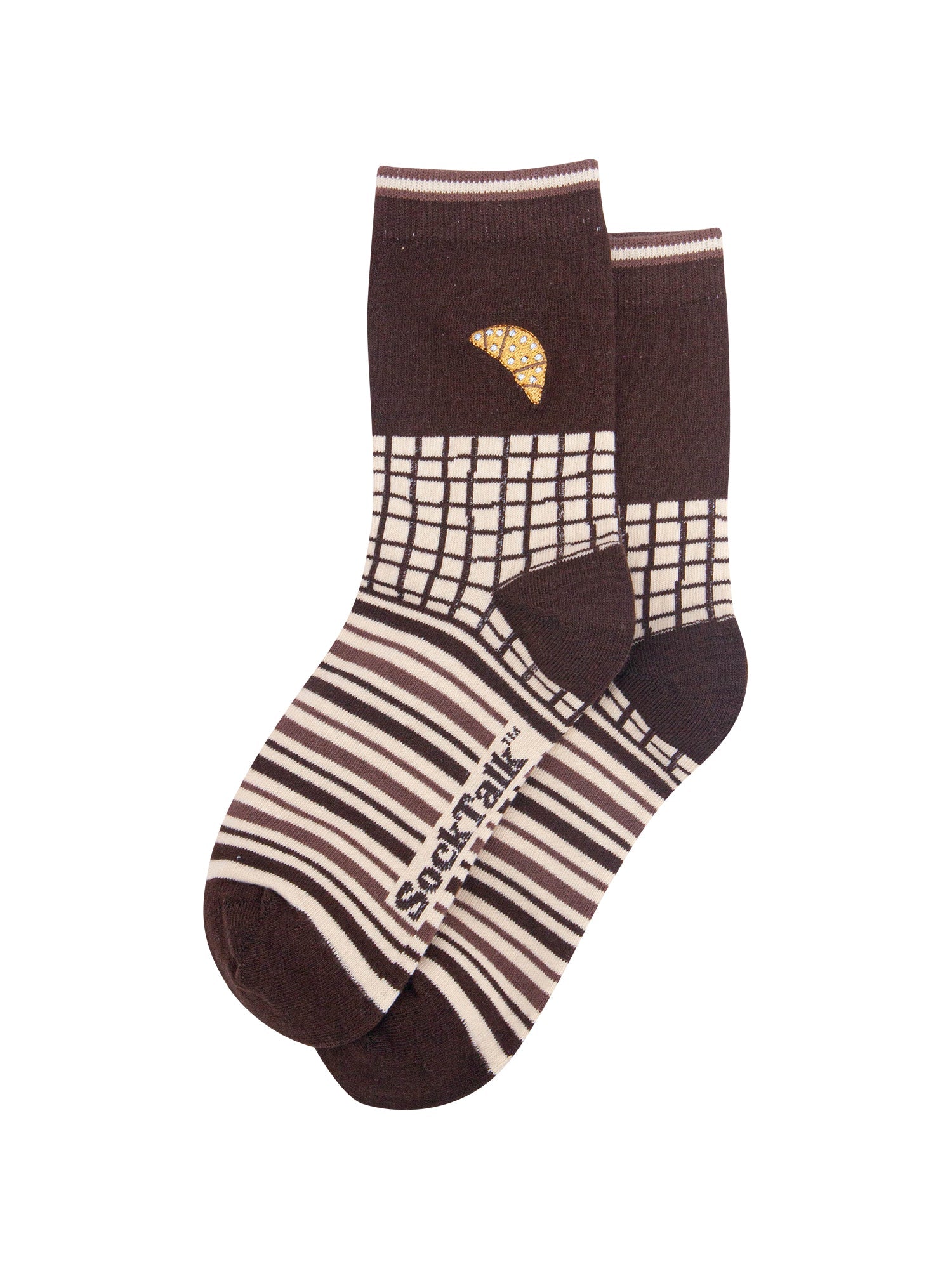 Croissant-Combed-Cotton-Pattern-Embroidered-Socks-in-Brown/Cream-Laid-Flat