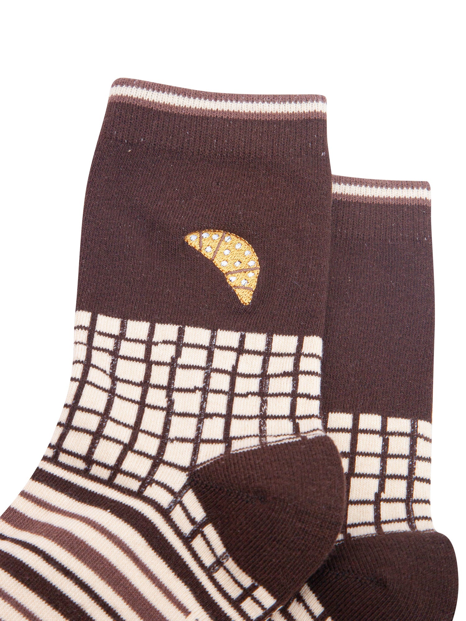 Croissant-Combed-Cotton-Pattern-Embroidered-Socks-in-Brown/Cream-Close-Up
