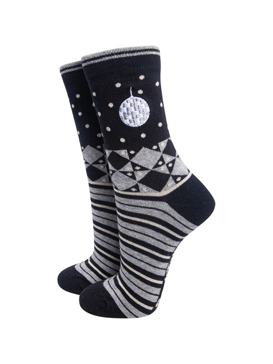 Disco-Ball-Combed-Cotton-Pattern-Embroidered-Socks-in-Black/Grey-Marl-On-Mannequin