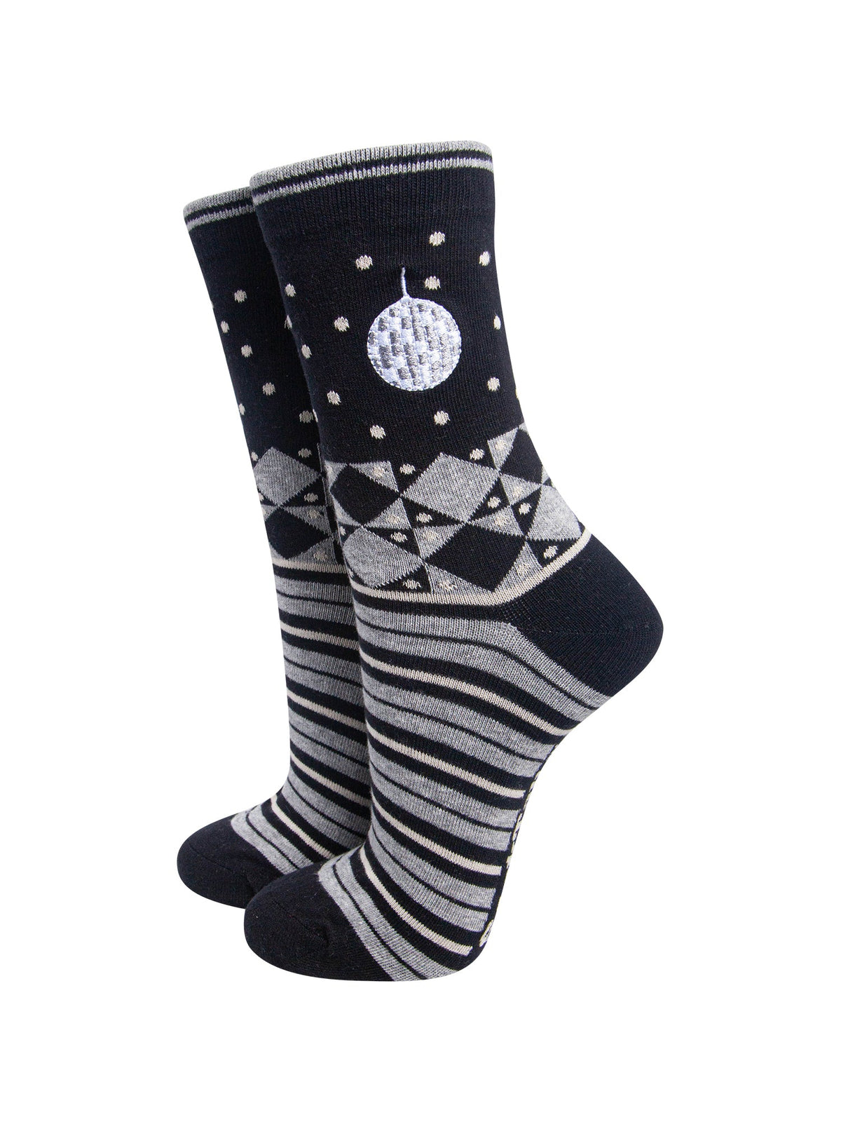 Disco-Ball-Combed-Cotton-Pattern-Embroidered-Socks-in-Black/Grey-Marl-On-Mannequin