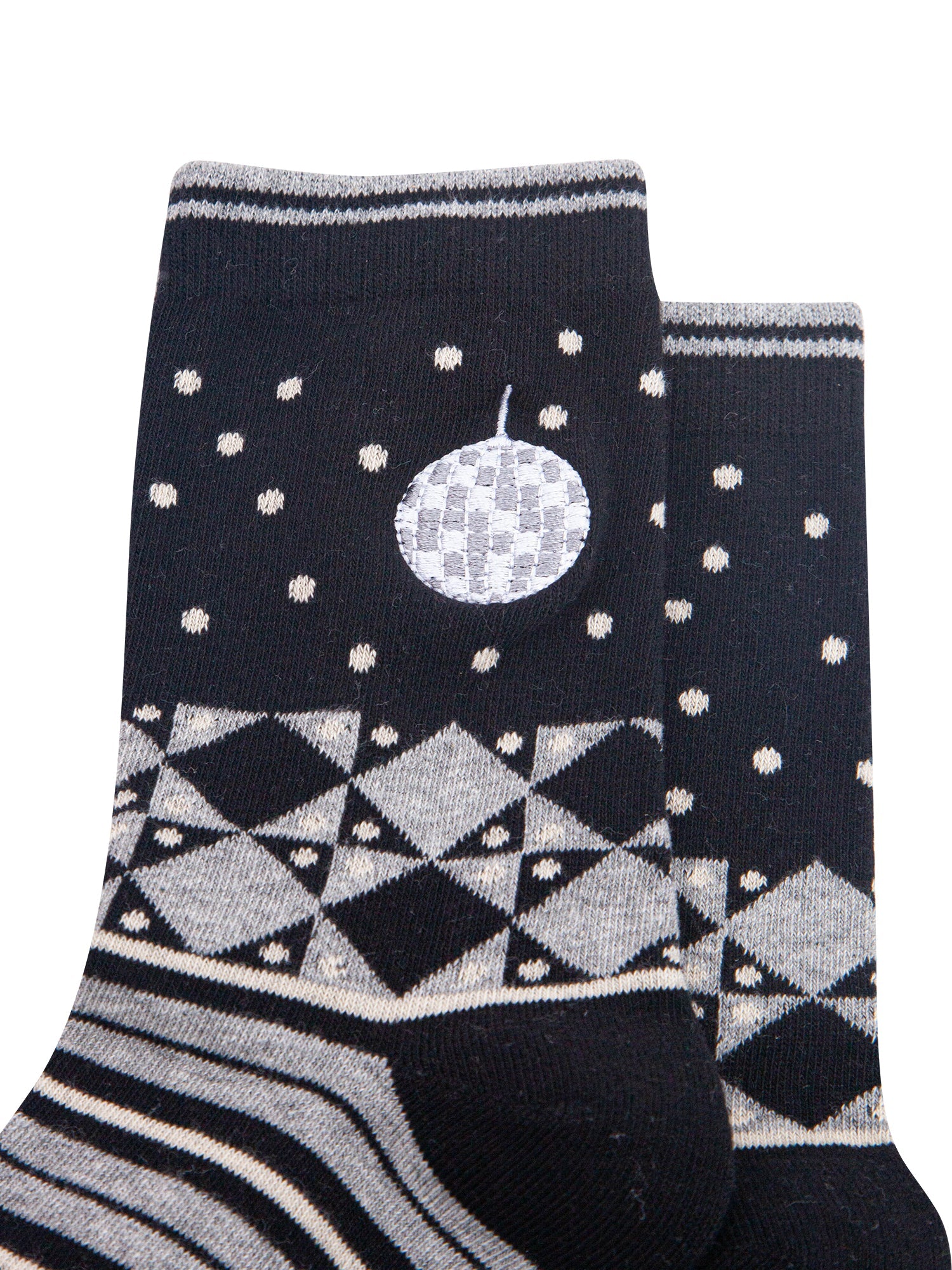 Disco-Ball-Combed-Cotton-Pattern-Embroidered-Socks-in-Black/Grey-Marl-Close-Up