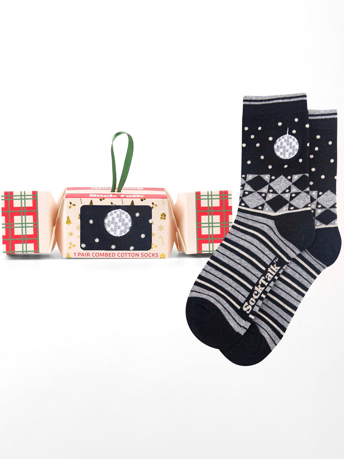Disco-Ball-Embroidered-Combed-Cotton-Crew-Socks-Christmas-Cracker-Gift-Box-in-Black/Grey Marl