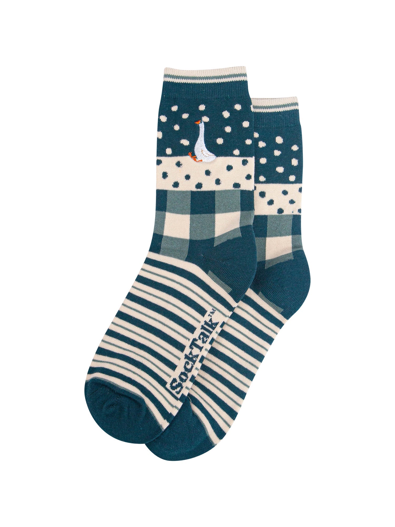 Goose-Combed-Cotton-Pattern-Embroidered-Socks-in-Forest-Green-Laid-Flat