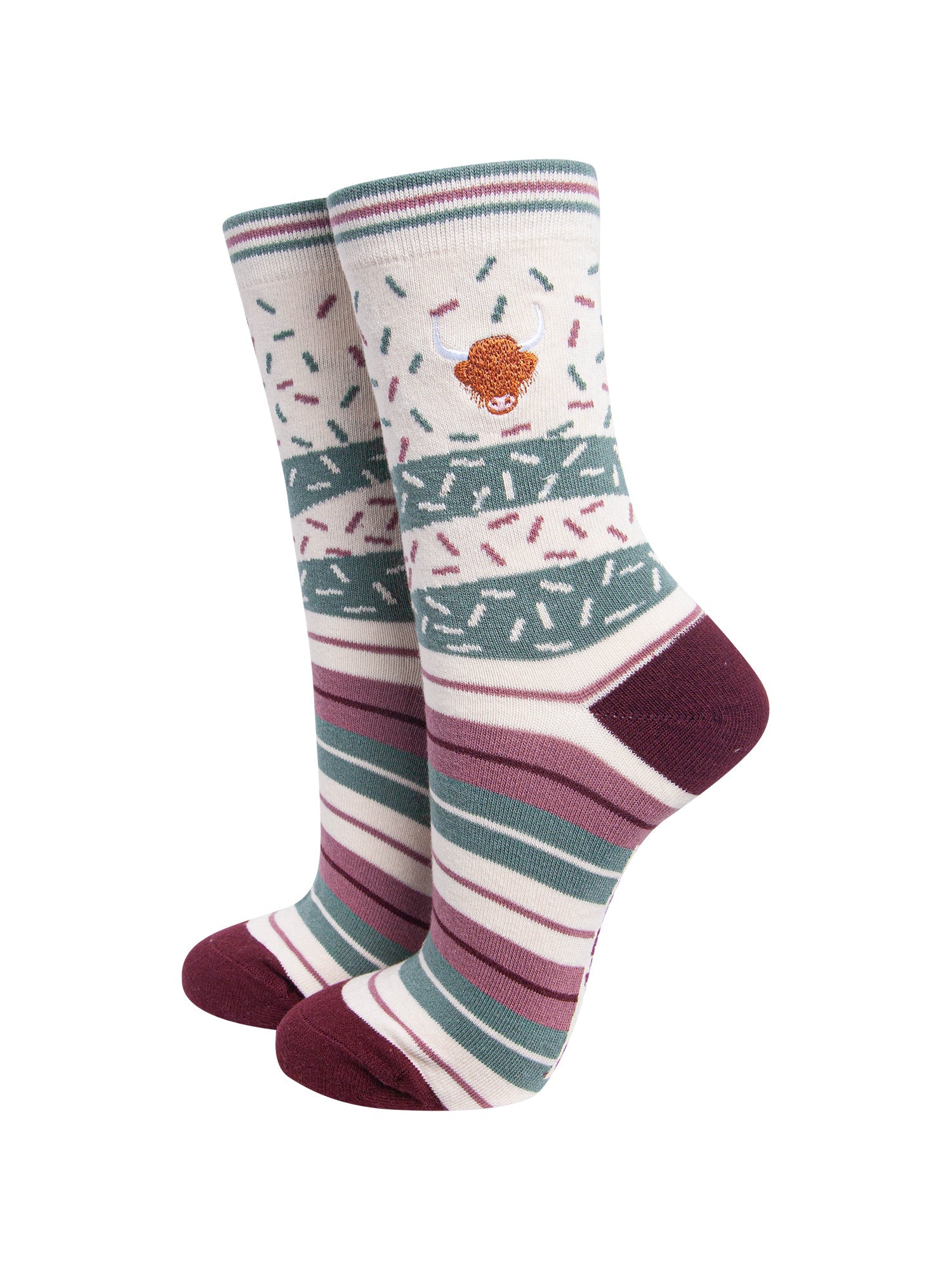 Highland-Cow-Combed-Cotton-Pattern-Embroidered-Socks-in-Cream-On-Mannequin