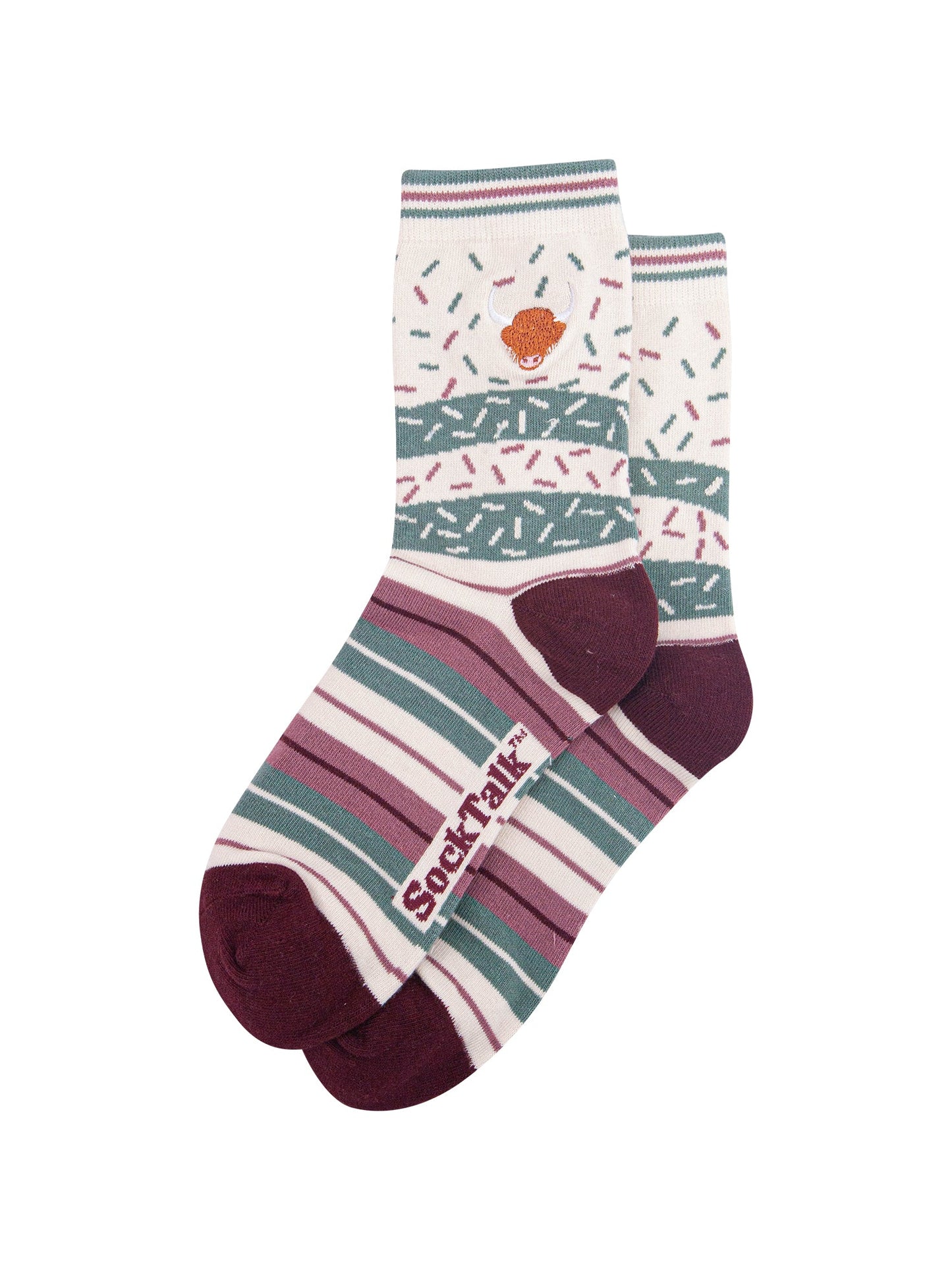 Highland-Cow-Combed-Cotton-Pattern-Embroidered-Socks-in-Cream-Laid-Flat