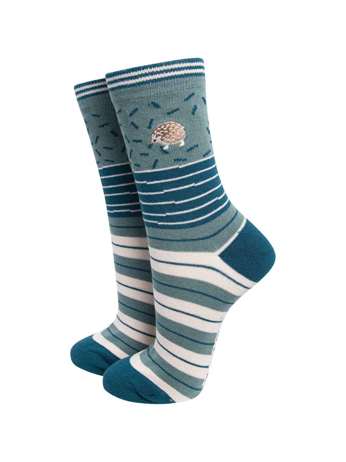 Hedgehog-Combed-Cotton-Pattern-Embroidered-Socks-in-Sage-Green-On-Mannequin