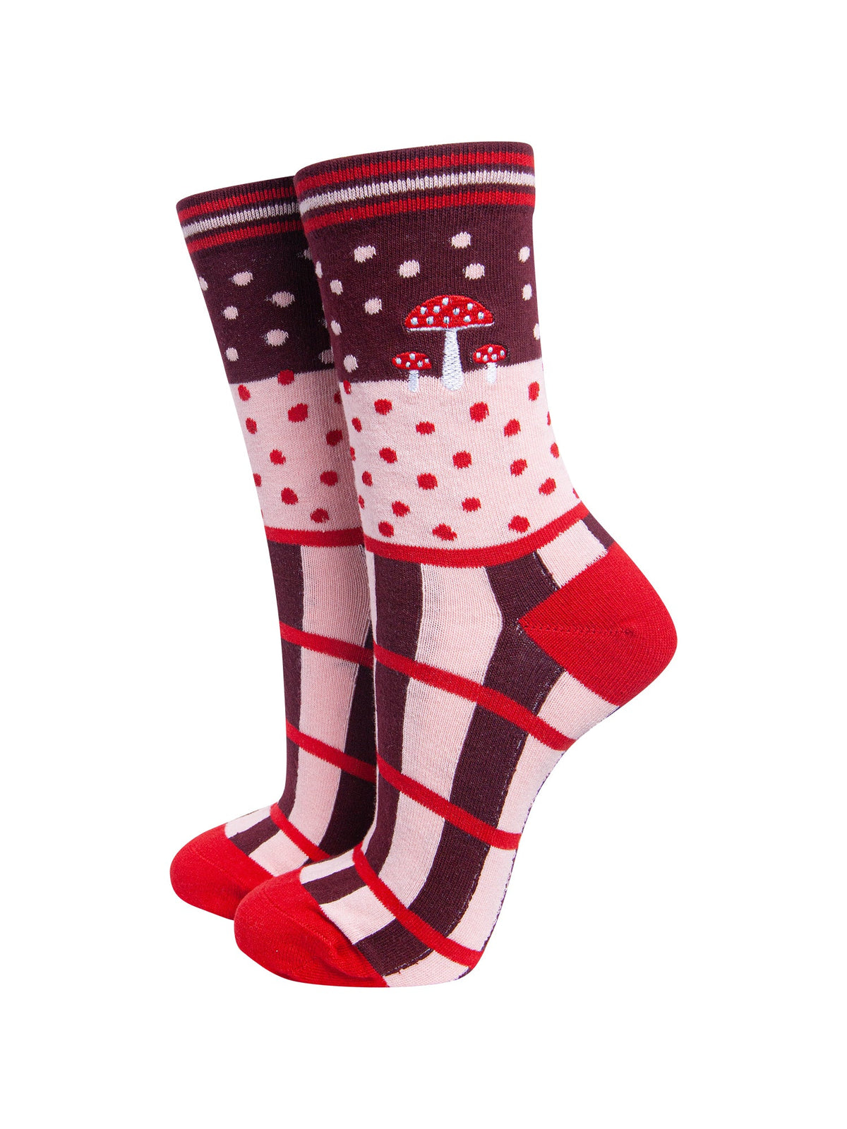 Toadstool-Combed-Cotton-Pattern-Embroidered-Socks-in-Burgundy-On-Mannequin