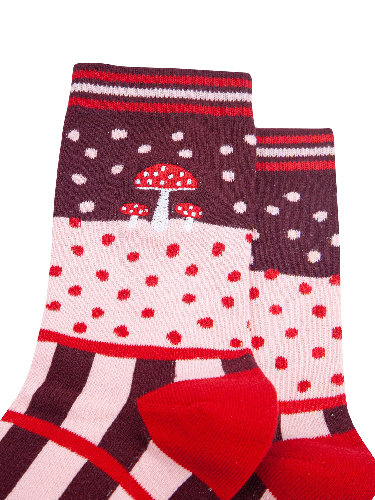 Toadstool-Combed-Cotton-Pattern-Embroidered-Socks-in-Burgundy-Close-Up