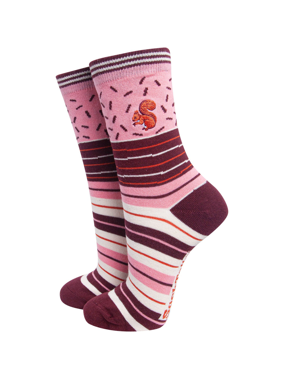Red-Squirrel-Combed-Cotton-Pattern-Embroidered-Socks-in-Pink-On-Mannequin