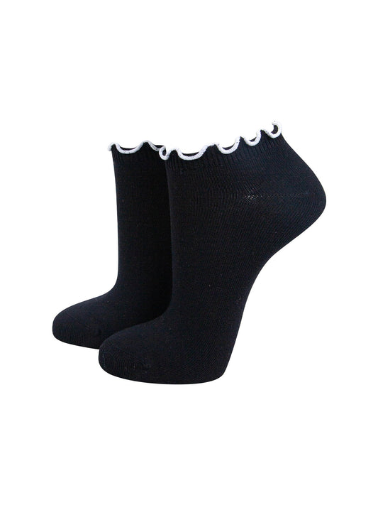 Frilly-Trim-Bamboo-Trainer-Socks-in-Black-White-Mannequin