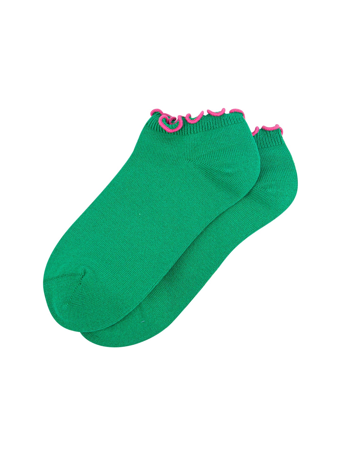 Frilly-Trim-Bamboo-Trainer-Socks-in-Green-Pink-Lying-Flat