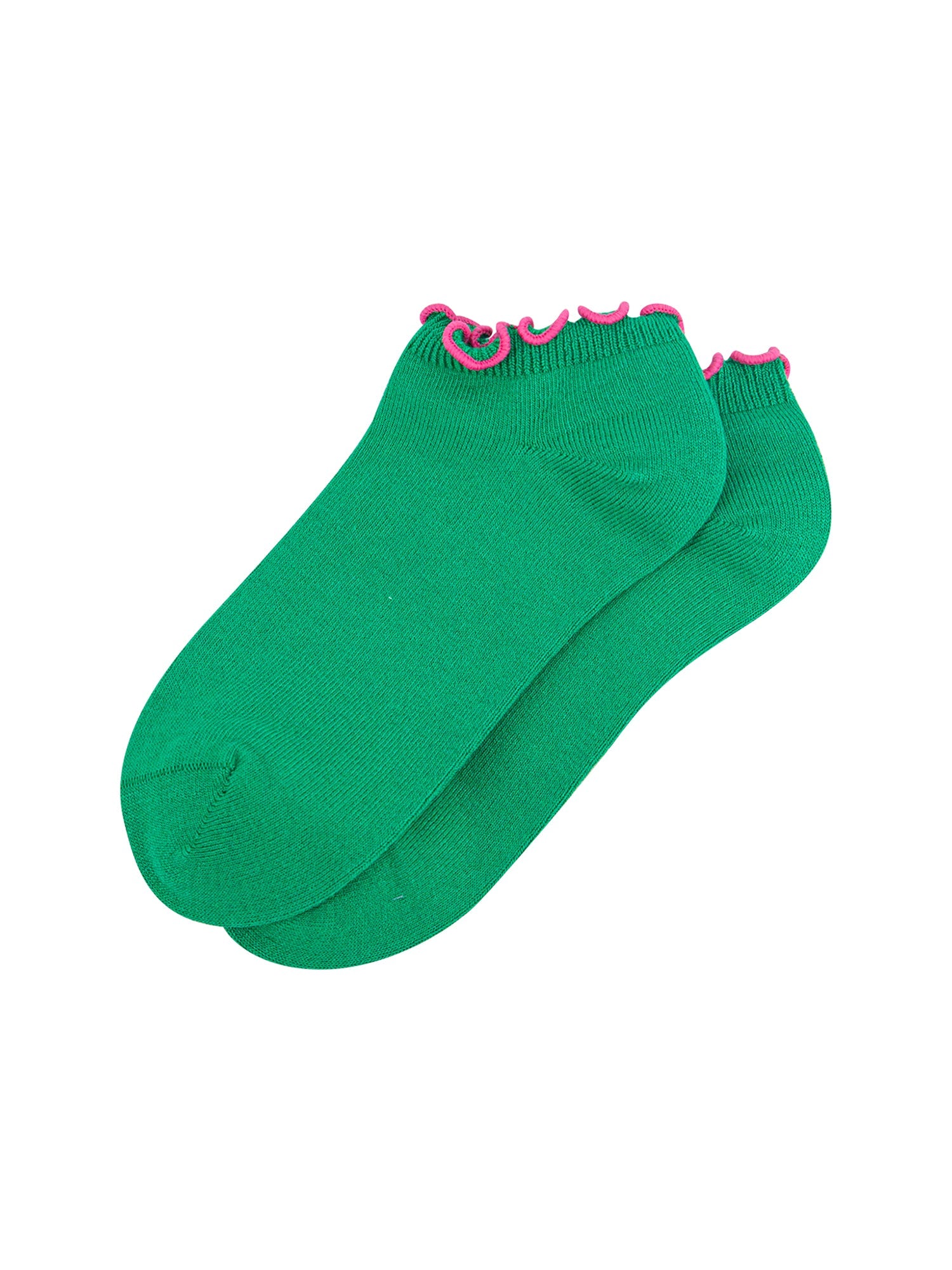 Frilly-Trim-Bamboo-Trainer-Socks-in-Green-Pink-Lying-Flat