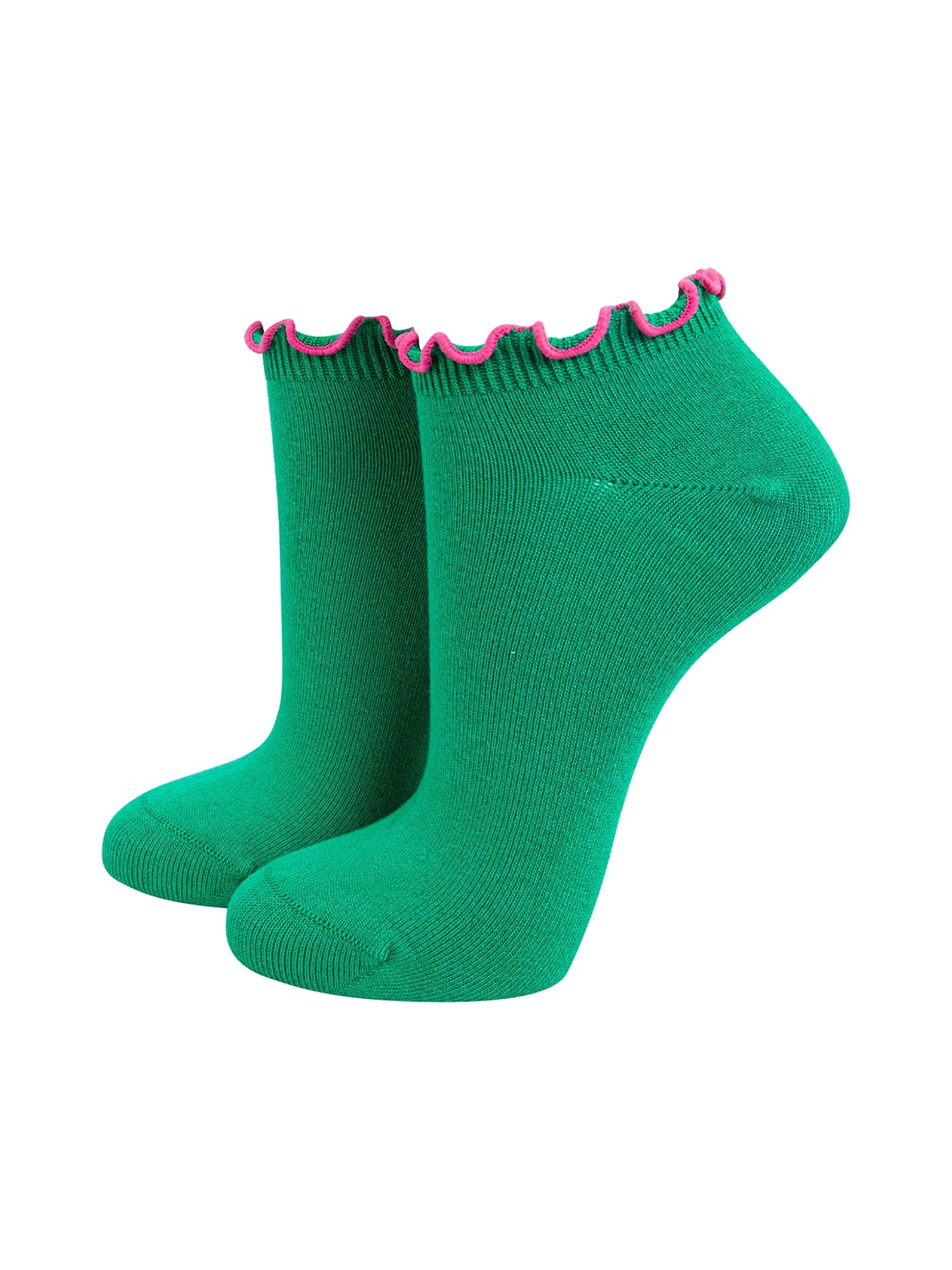Frilly-Trim-Bamboo-Trainer-Socks-in-Green-Pink-Mannequin