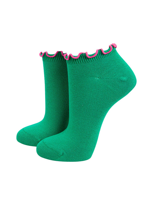 Frilly-Trim-Bamboo-Trainer-Socks-in-Green-Pink-Mannequin