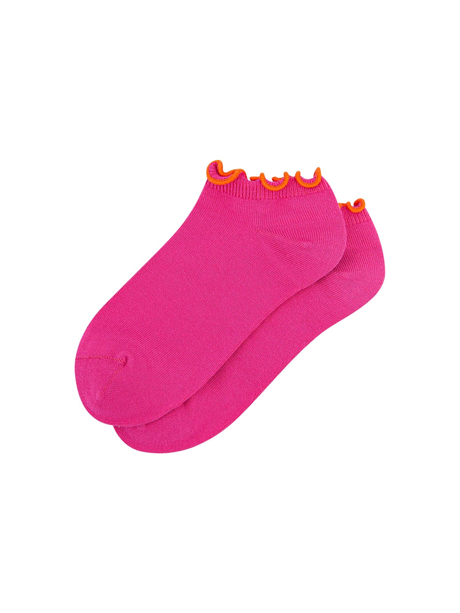 Frilly-Trim-Bamboo-Trainer-Socks-in-Pink-Orange-Lying-Flat