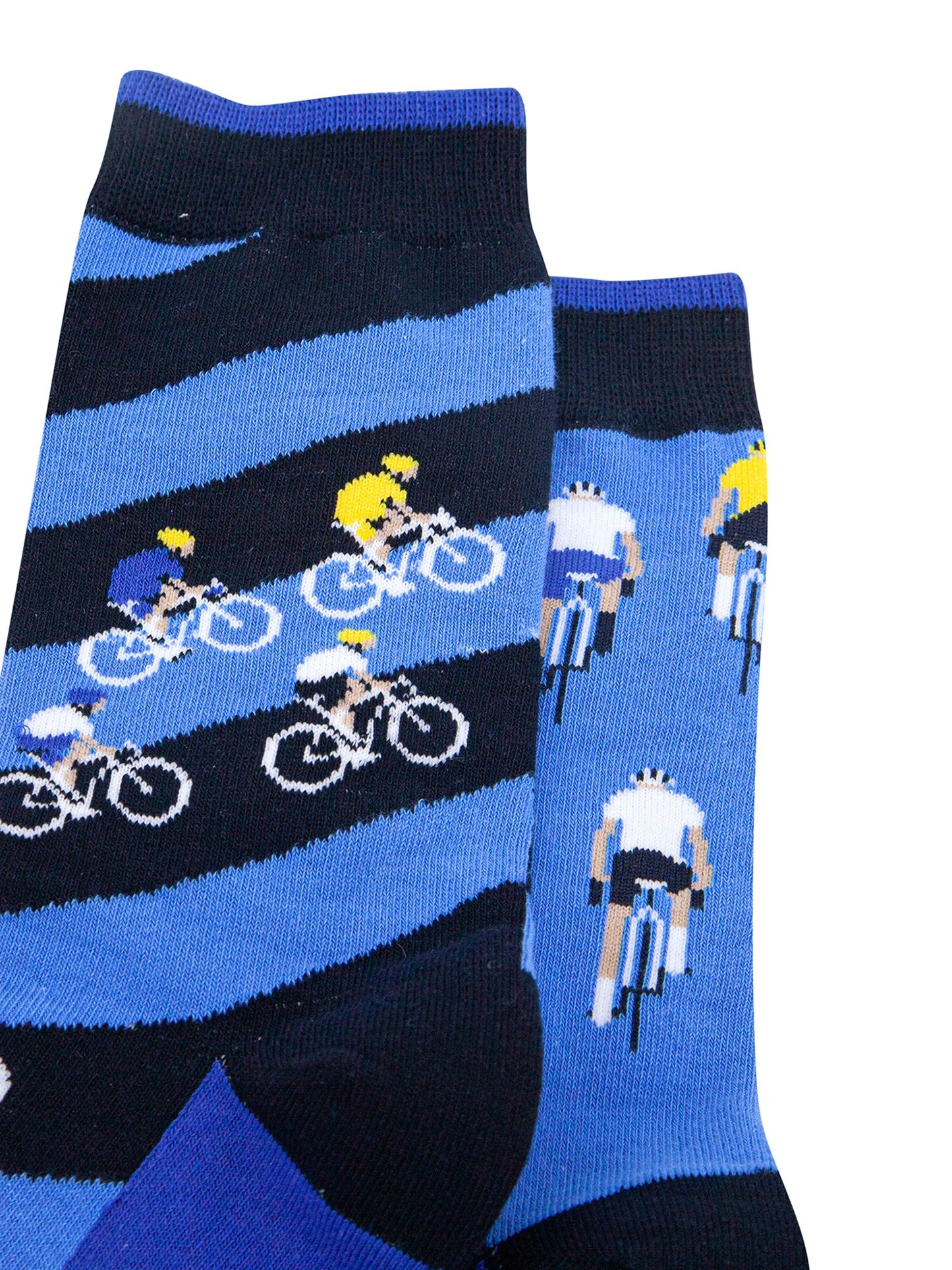 Bike-Race-Stripes-Combed-Cotton-Odd-Socks-in-Blue-Closeup