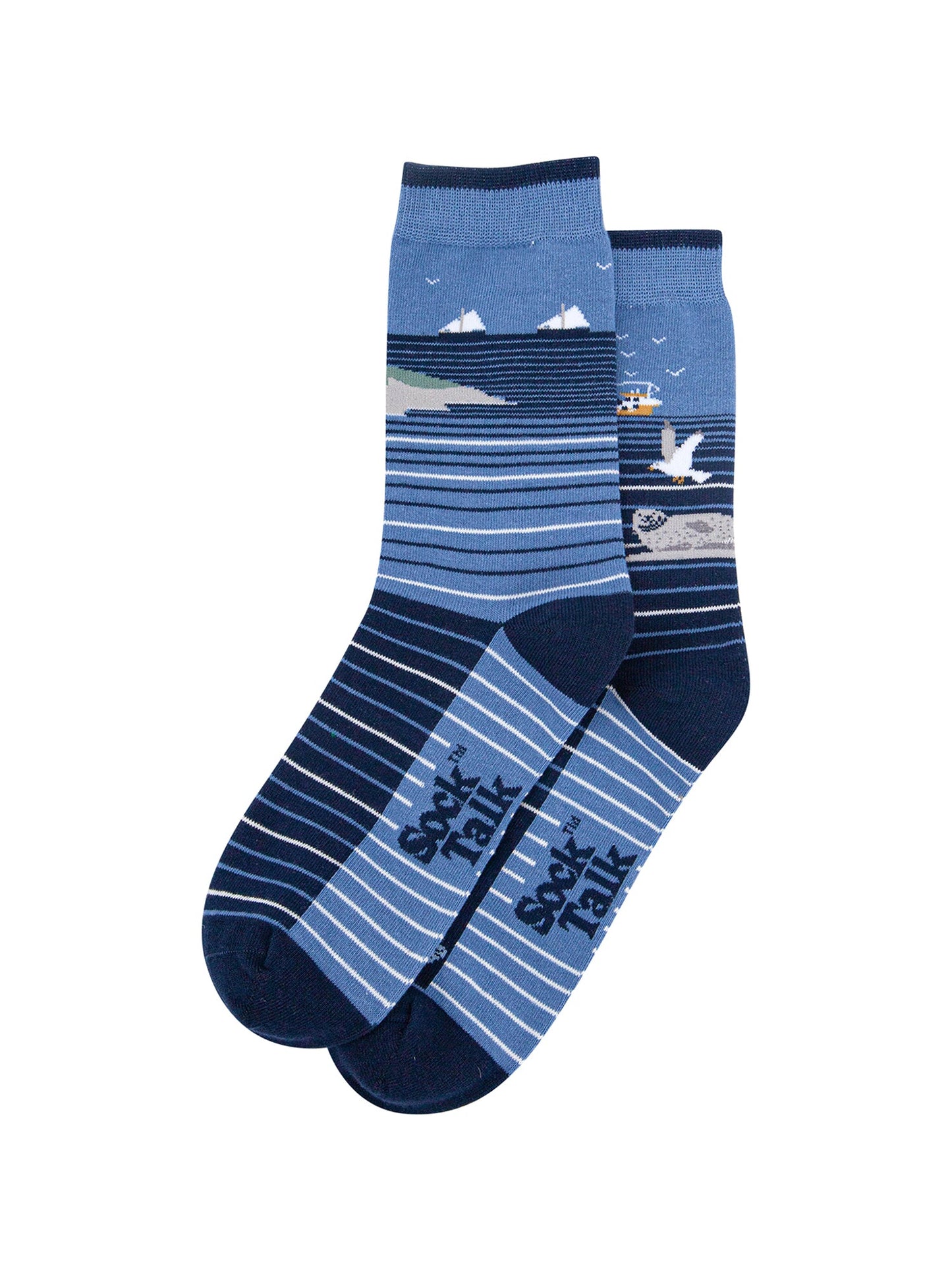 Coastline-Stripes-Combed-Cotton-Odd-Socks-in-Blue-Lying-Flat