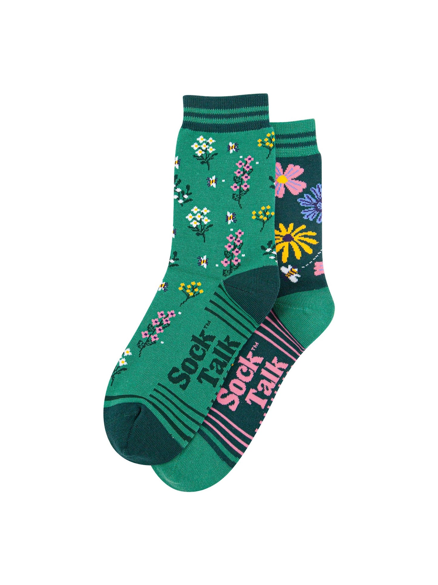 Floral-Combed-Cotton-Odd-Socks-in-Green-Lying-Flat