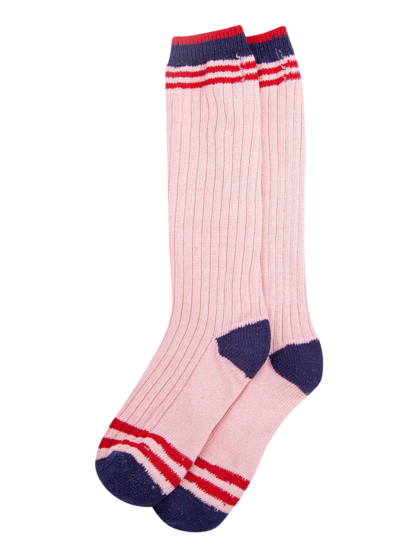 Striped Combed Cotton Knee High Glitter Socks in Pink/Navy
